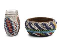 Paiute Beaded Basket and Glass Bottle
