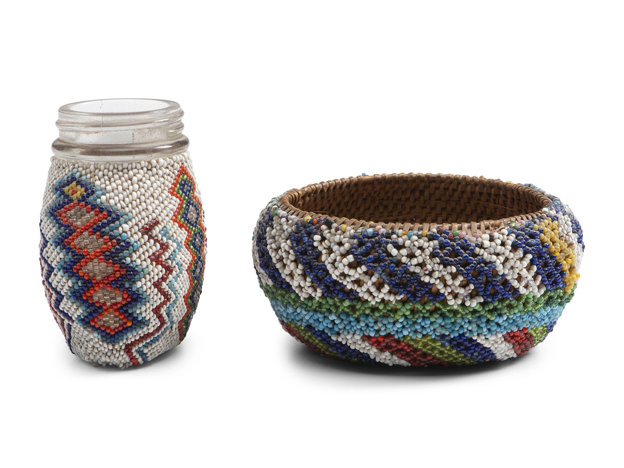 Paiute Beaded Basket and Glass Bottle