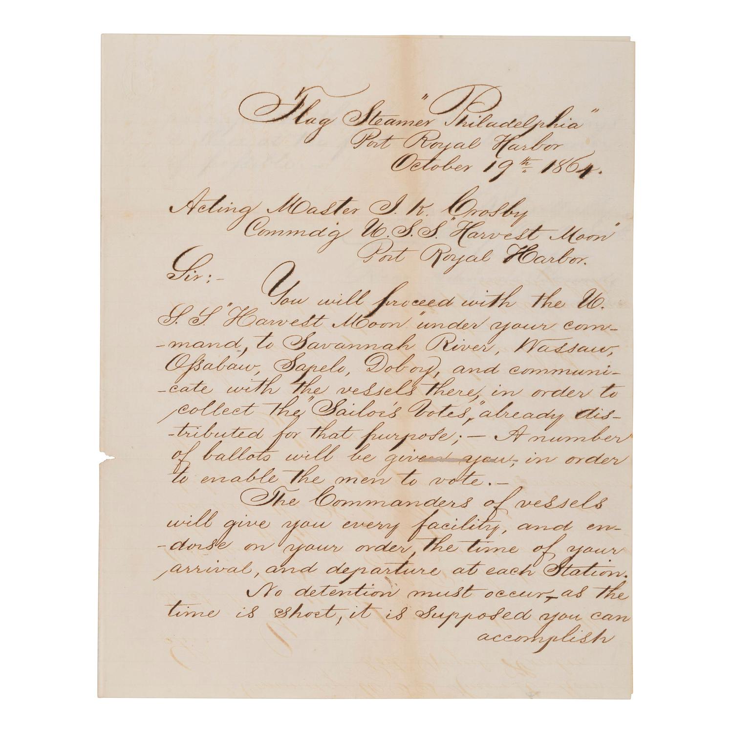 [CIVIL WAR] - [1864 ELECTION]. A group of 3 documents related to the Atlantic Squadron and voting in the 1864 Presidential election, comprising: