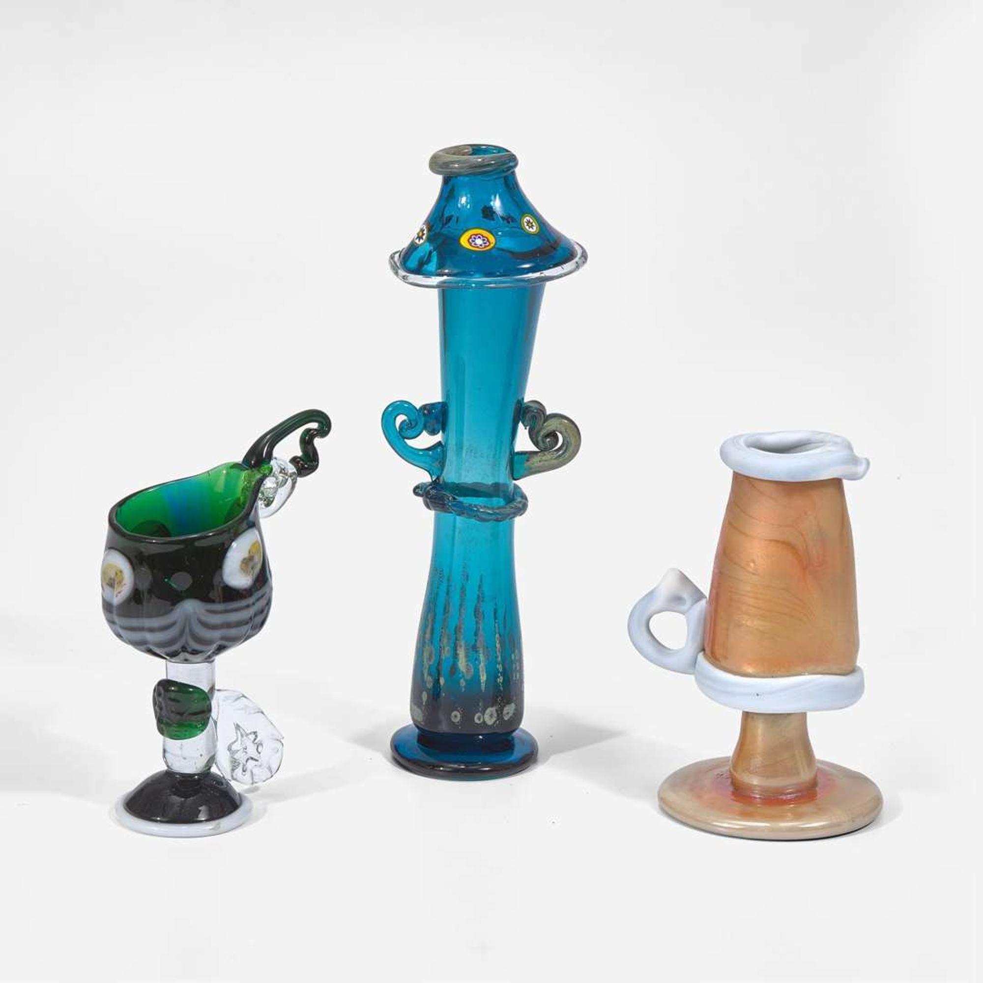 Thomas Kekic (American, 1943-1986), Kim Newcomb (American, 20th Century) An Iridescent Pasta Vitrea Footed Mug, Glass Goblet, and Glass "Bug House", USA, 1972