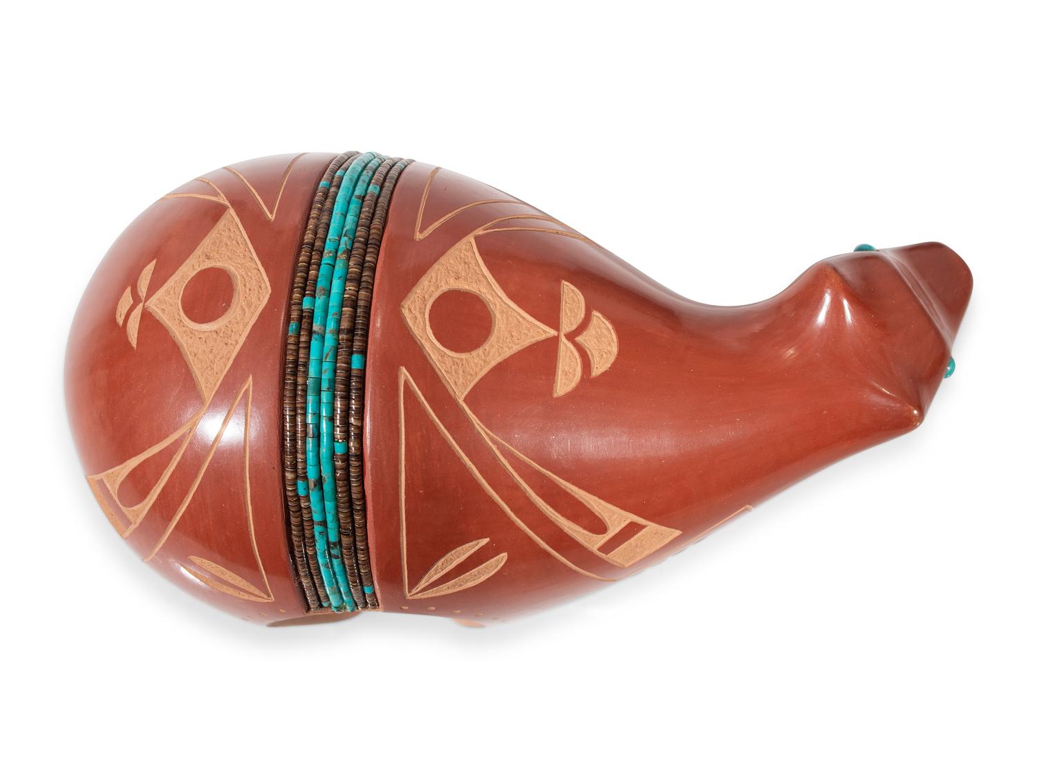 Redware Pottery Bear, with Turquoise and Heishi