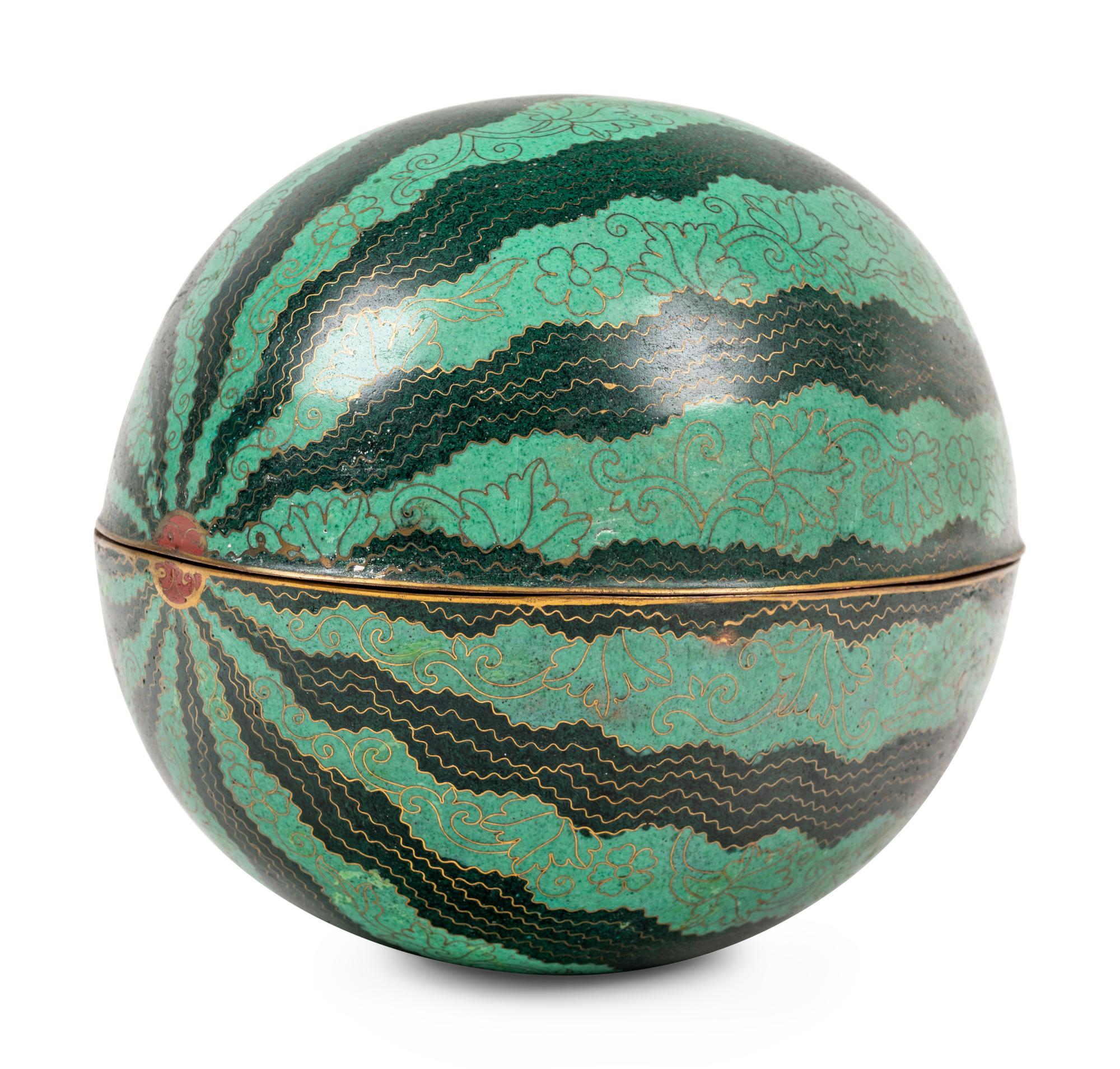 A Chinese Cloisonné Enamel Watermelon-Form Covered Box