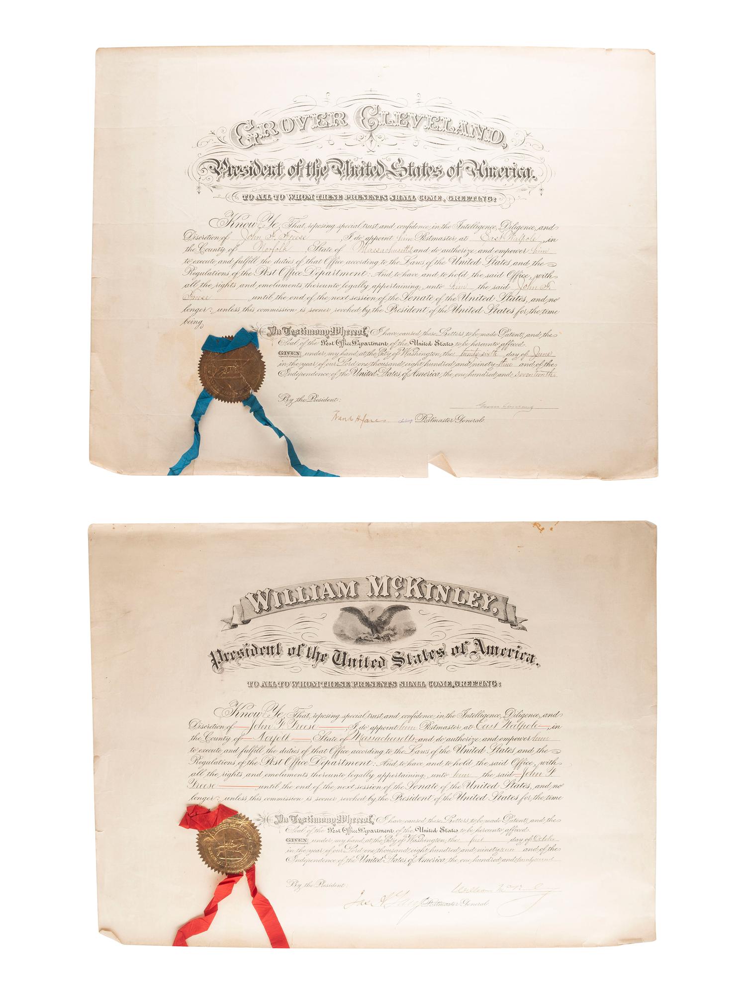 [POLITICS]. A group of presidential postmaster appointments signed by Grover CLEVELAND, William McKINLEY, and Theodore ROOSEVELT.