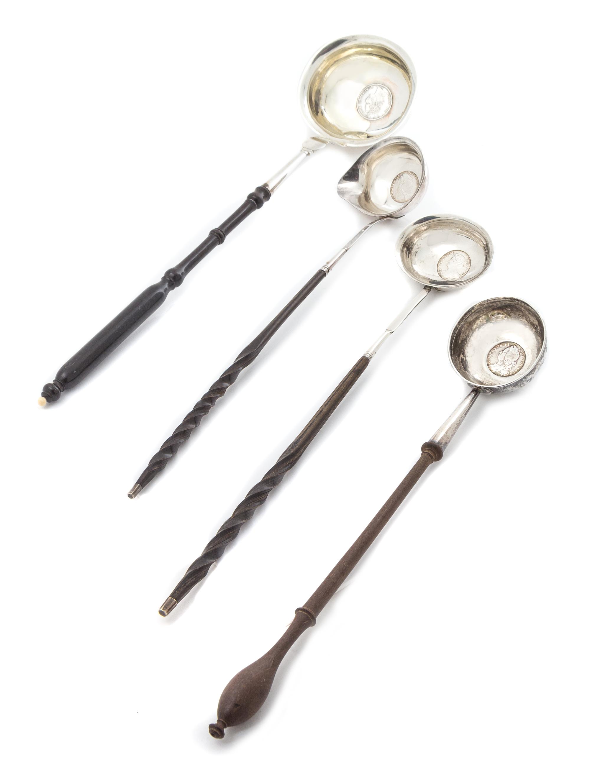 A Group of Four Coin Inset Silver Ladles, Various Makers, comprising two examples with baleen handles and two examples with turned wood