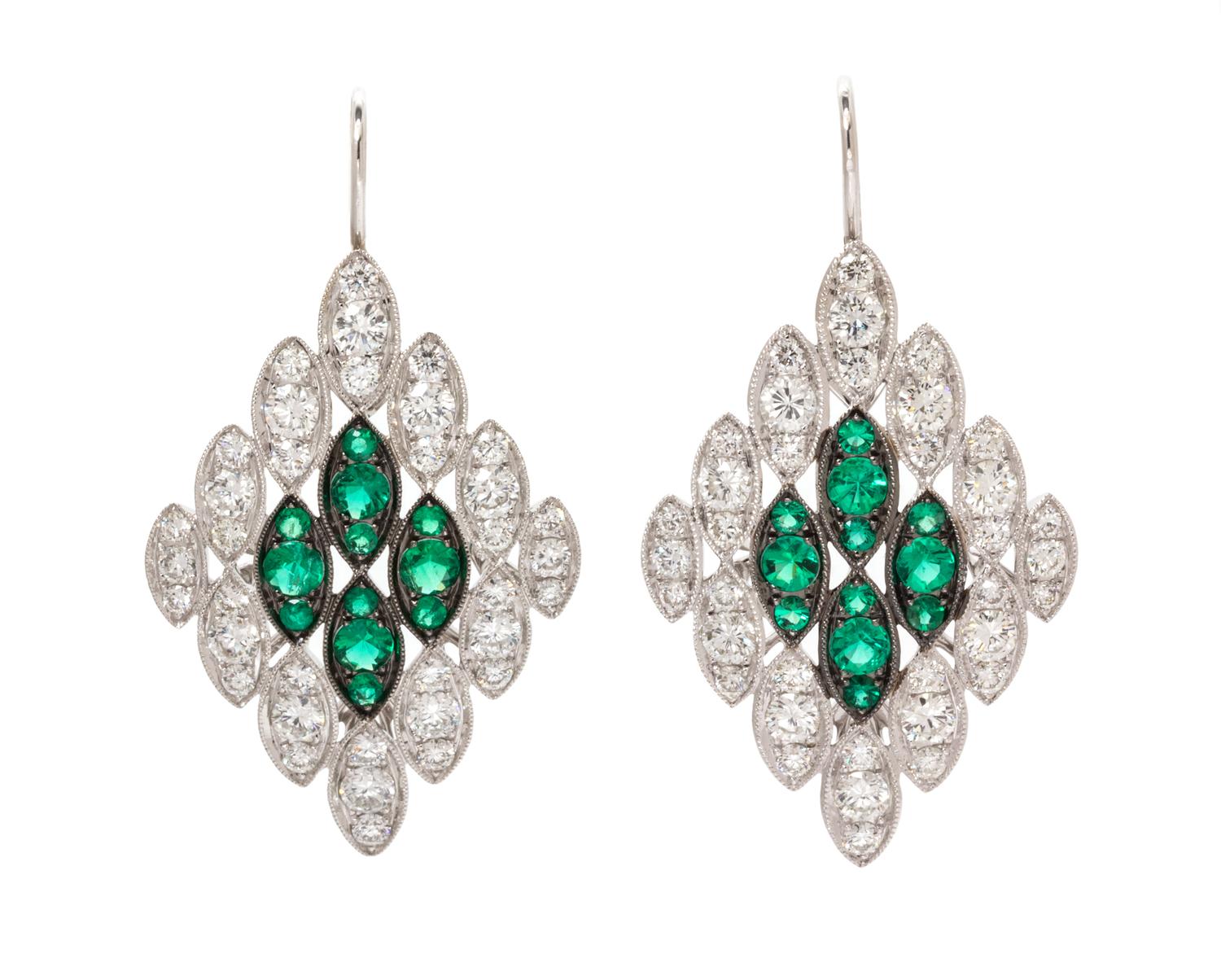 A Pair of 18 Karat White Gold, Diamond and Emerald Earrings, 7.65 dwts.