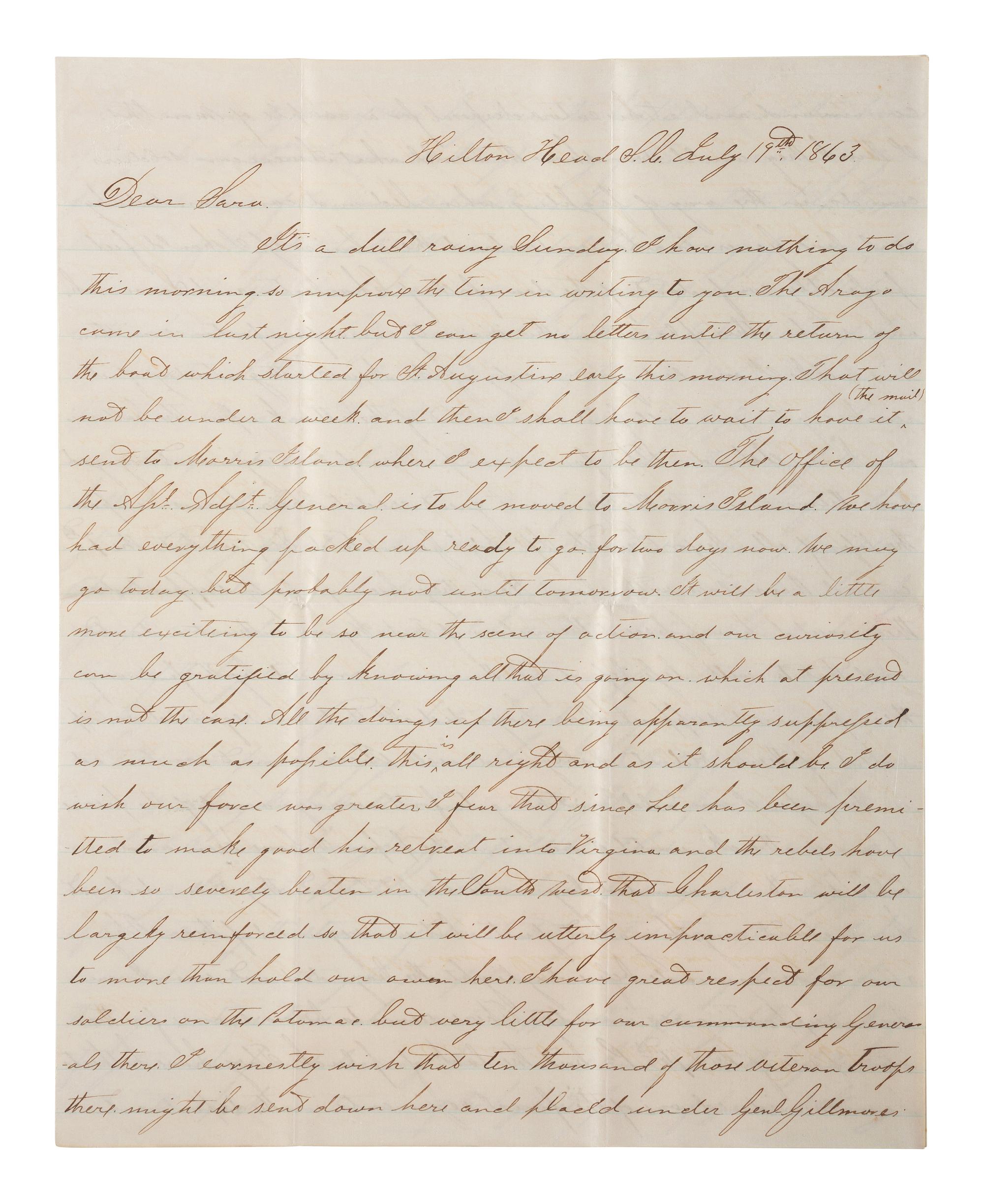 [CIVIL WAR]. War-date letters of Corporal Edwin J. Barden, 7th Regiment Connecticut Volunteer Infantry, combat soldier and later clerk at Headquarters Department of the South, Headquarters X Corps, and Headquarters US Army, Office of Chief Commissary.