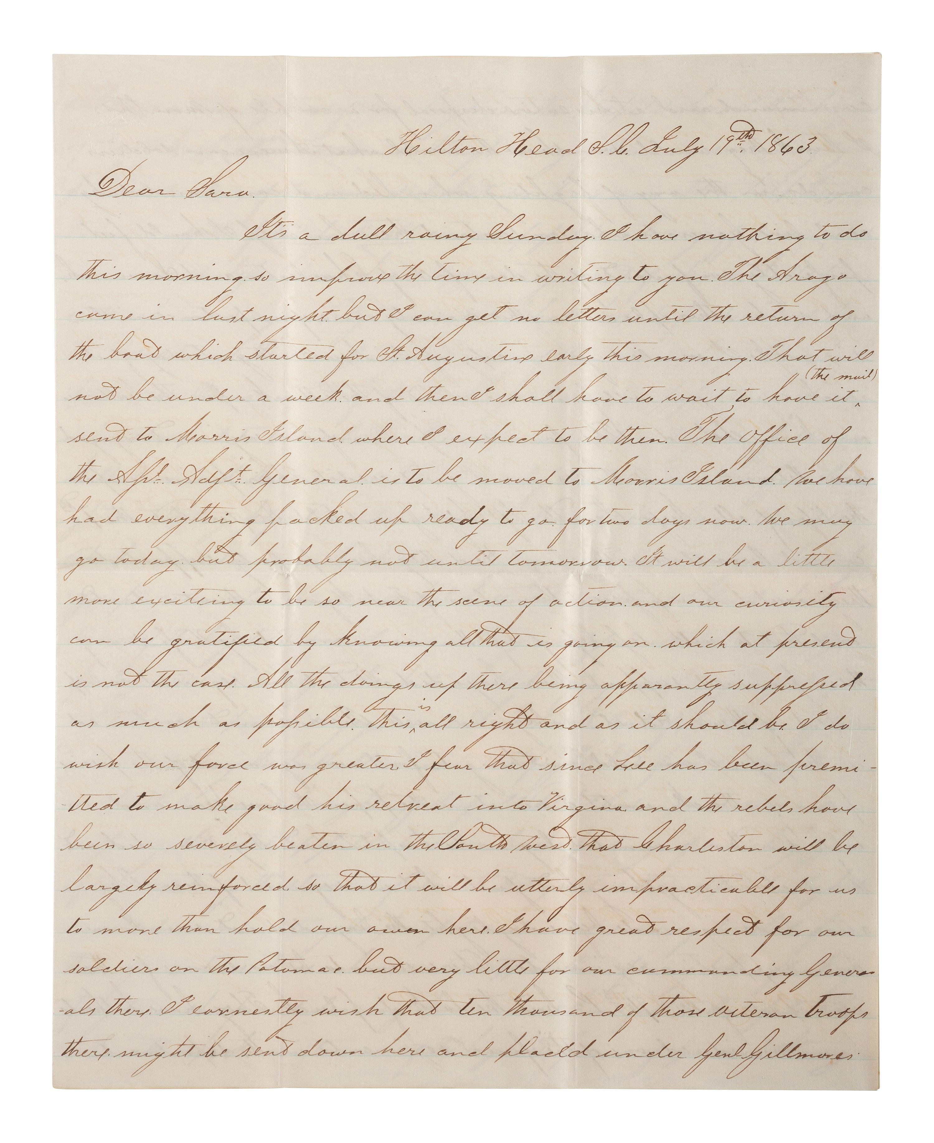[CIVIL WAR]. War-date letters of Corporal Edwin J. Barden, 7th Regiment Connecticut Volunteer Infantry, combat soldier and later clerk at Headquarters Department of the South, Headquarters X Corps, and Headquarters US Army, Office of Chief Commissary.