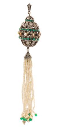 A Silver, Emerald, Dyed Chalcedony, Diamond and Seed Pearl Tassel Pendant, 12.40 dwts.