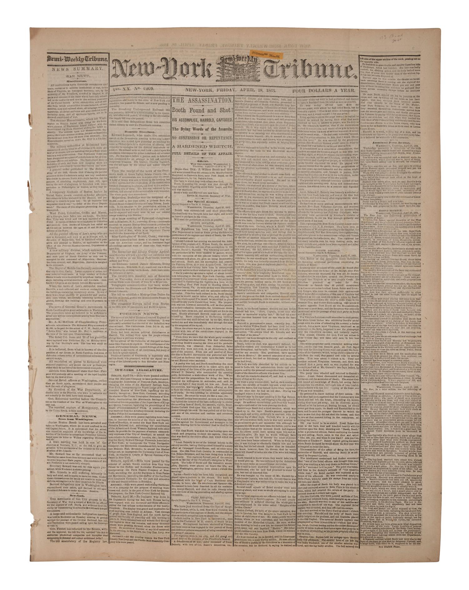 [LINCOLN, Abraham (1809-1865) - ASSASSINATION]. New York Semi-Weekly Tribune . New York: 28 April 1865. Front page report on the capture and death of John Wilkes Booth.