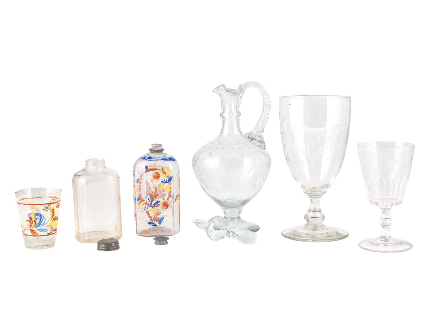 A Blown and Etched Glass Decanter, Goblet, and Jar