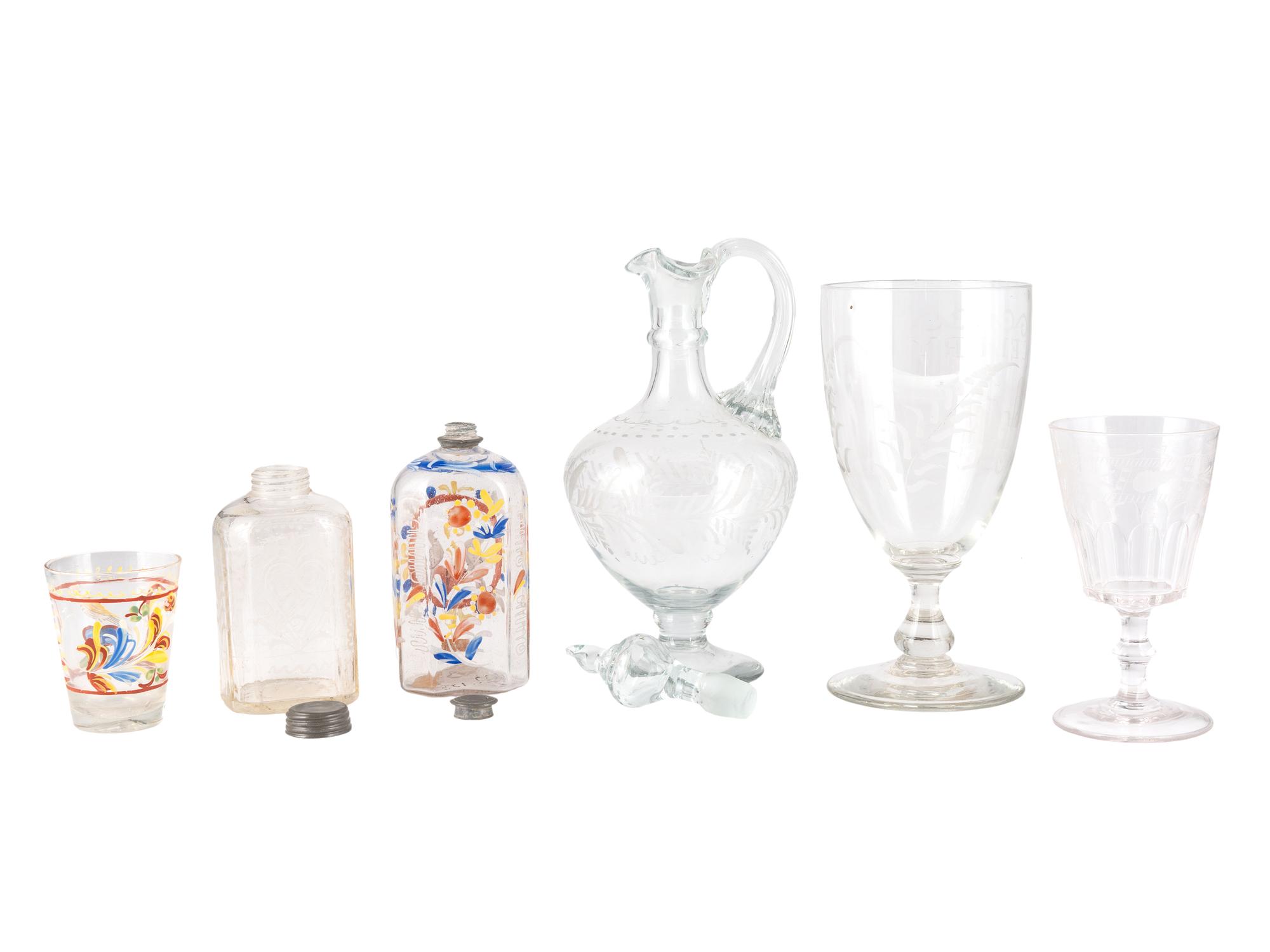 A Blown and Etched Glass Decanter, Goblet, and Jar