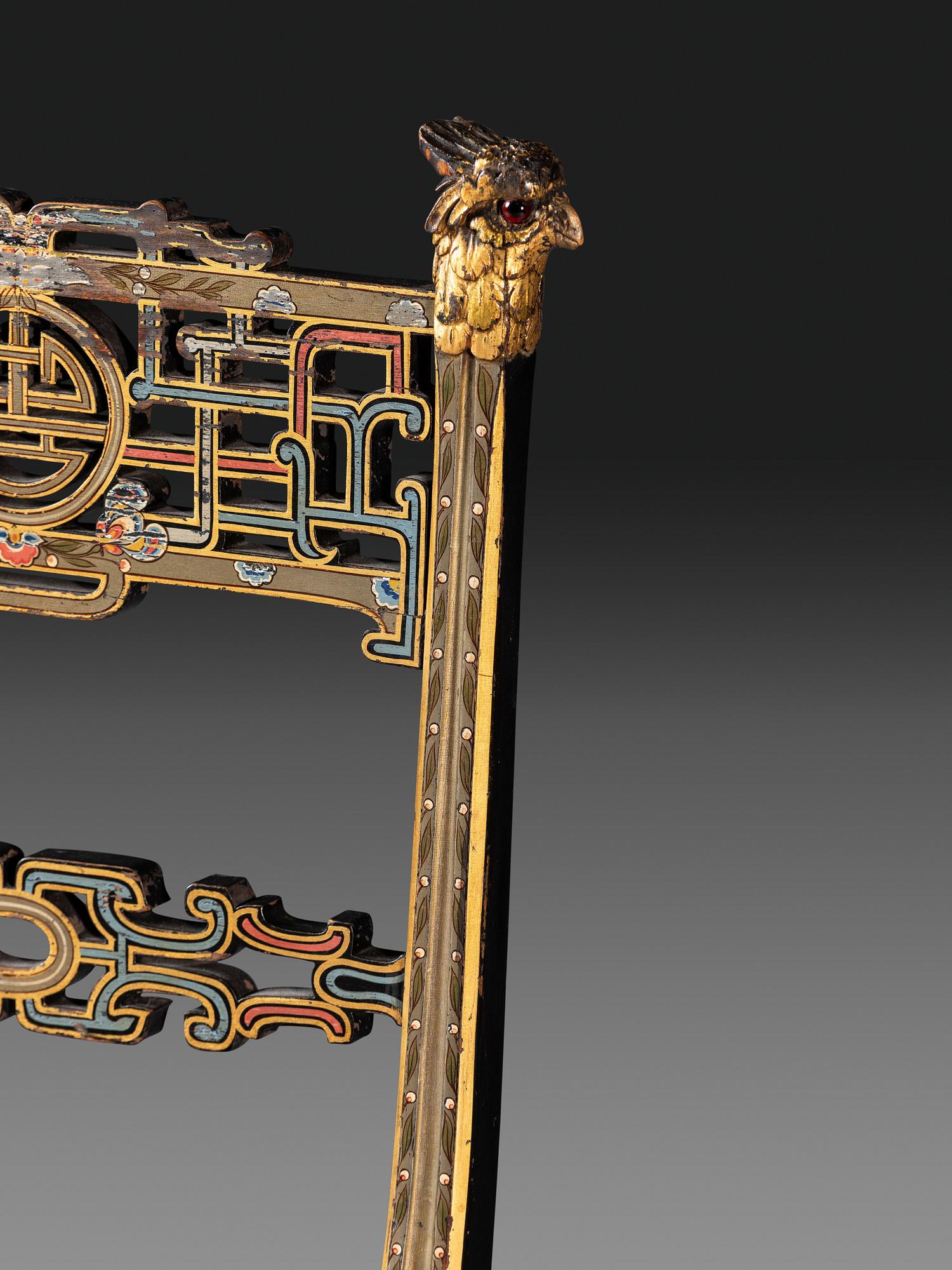 An Aesthetic Movement Painted, Parcel Gilt and Ebonized Bird-Carved Side Chair