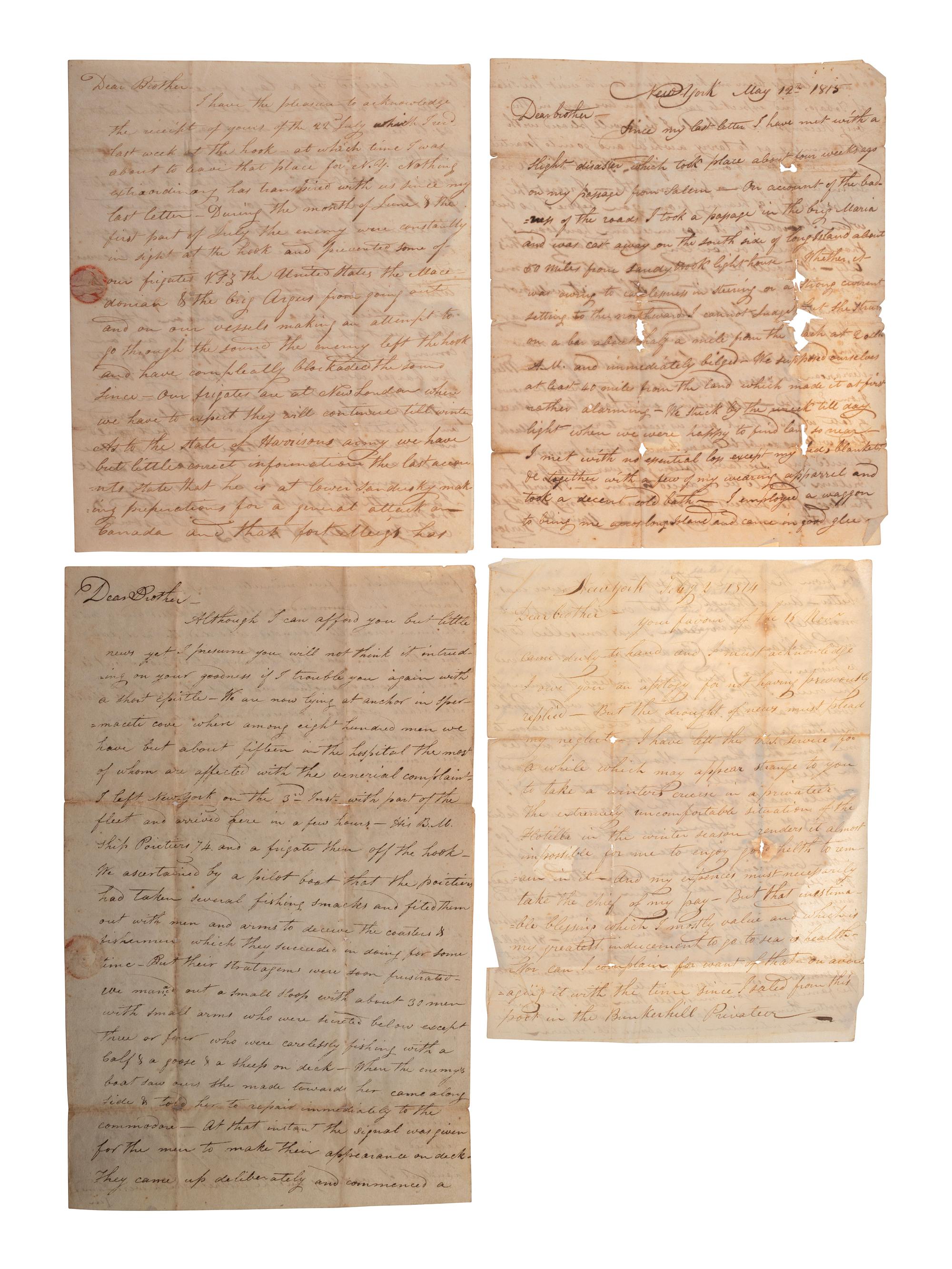 [WAR OF 1812]. PARSONS, J. A group of 4 ALsS with battle content and description of a shipwreck.