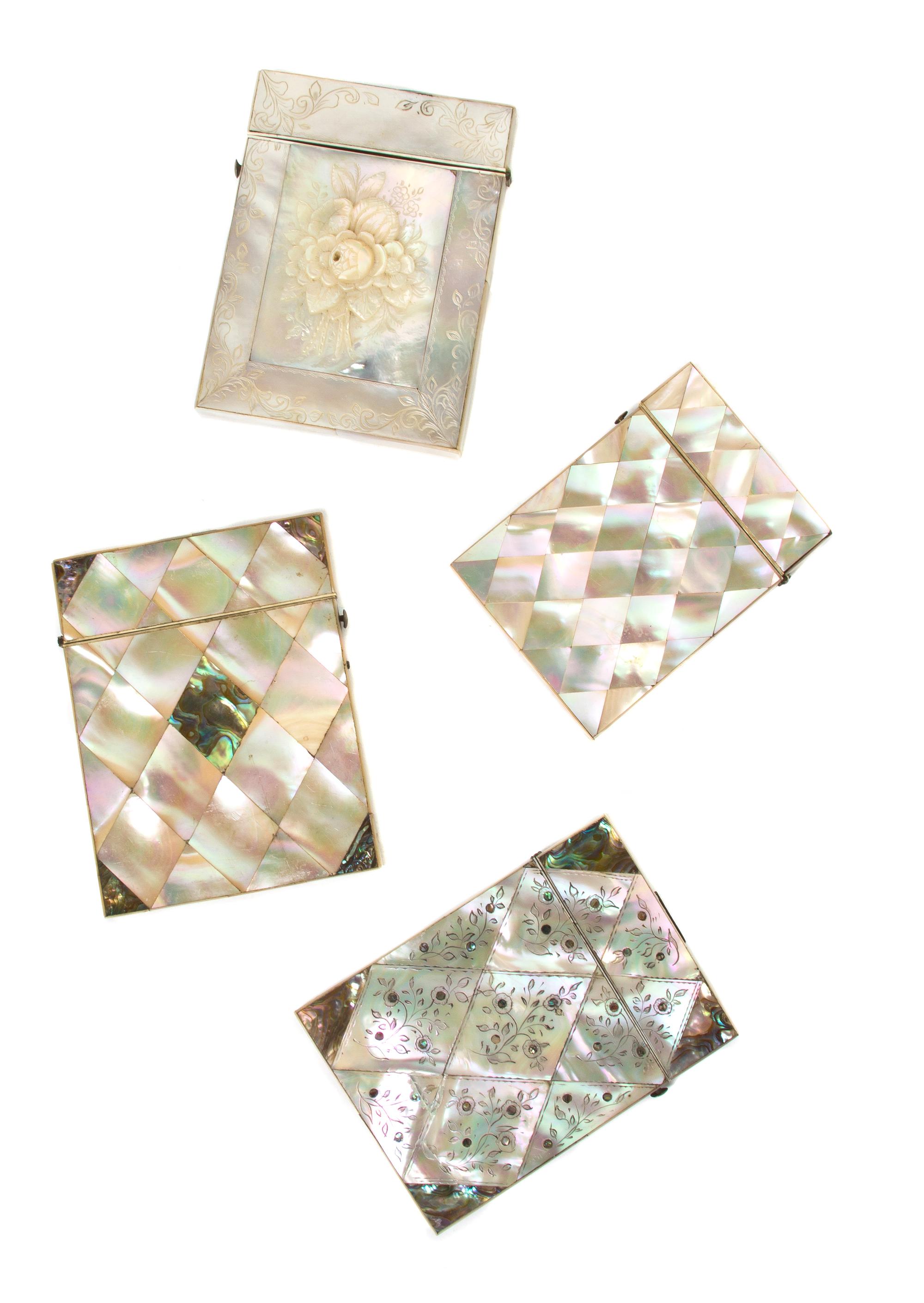 A Collection of Four Mother-of-Pearl Veneered Card Cases, Height of tallest 4 1/8 inches.