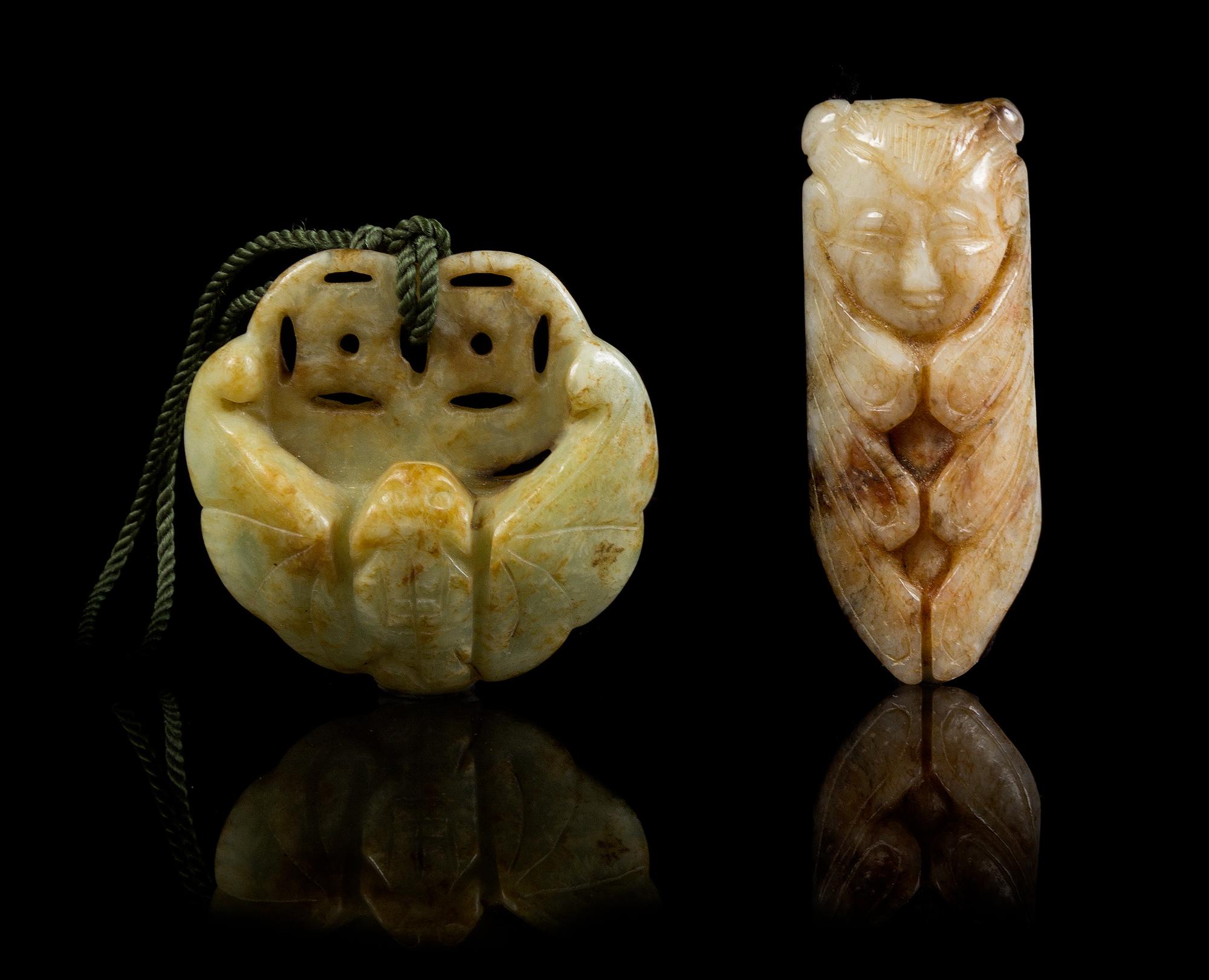 Two Carved Jade Pendants Length of first 2 3/8 inches.