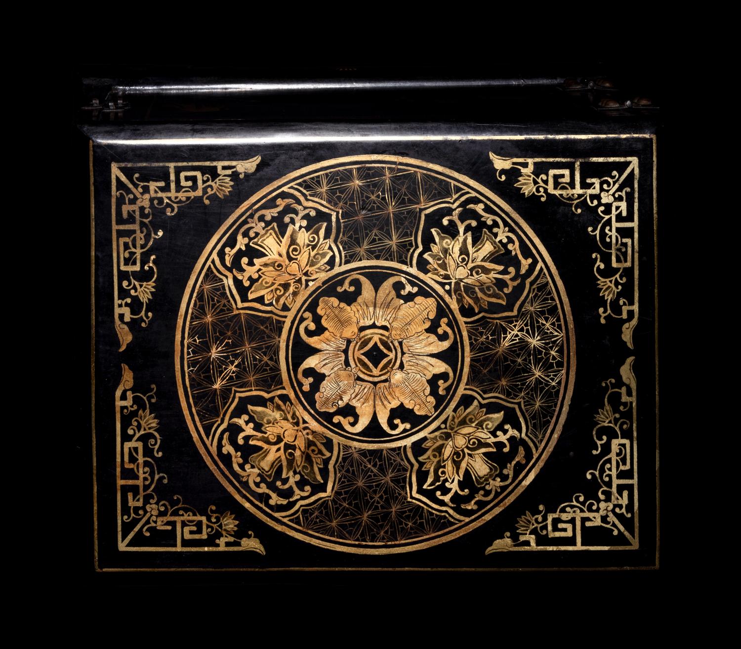 A Chinese Gilt Decorated Black Lacquered Kang Cabinet