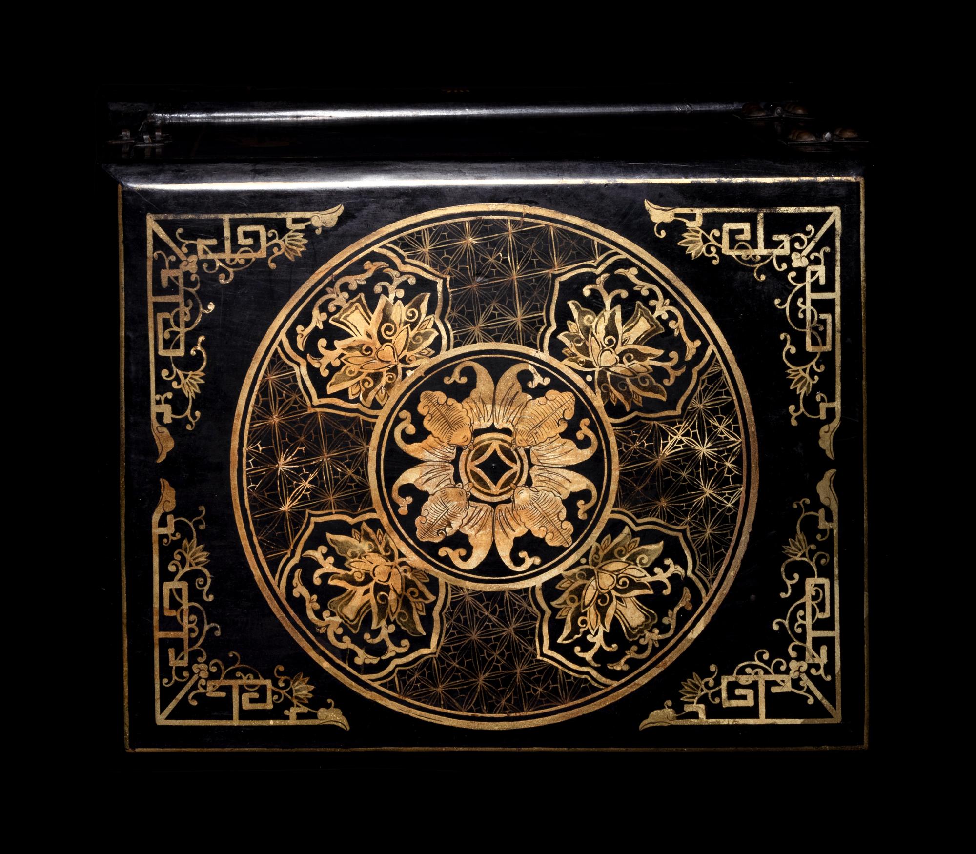 A Chinese Gilt Decorated Black Lacquered Kang Cabinet