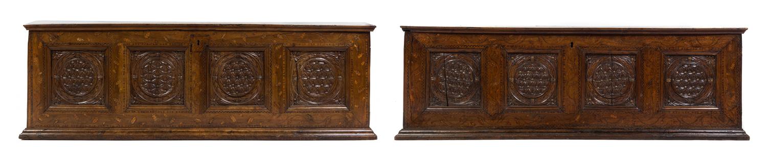 A Pair of Italian Walnut and Marquetry Cassoni Height 26 3/4 x width 76 1/2 x depth 22 1/2 inches. — INCORPORATING VARIOUS ELEMENTS