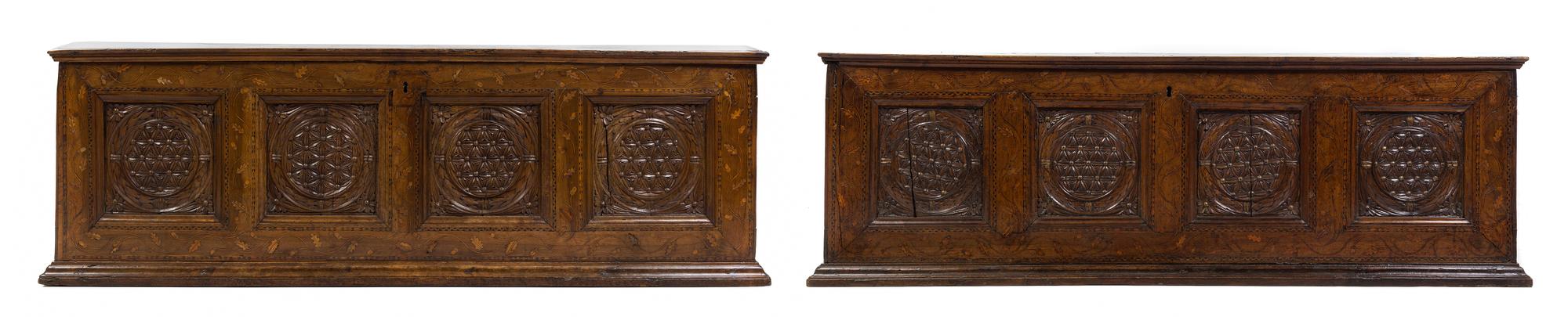A Pair of Italian Walnut and Marquetry Cassoni Height 26 3/4 x width 76 1/2 x depth 22 1/2 inches. — INCORPORATING VARIOUS ELEMENTS