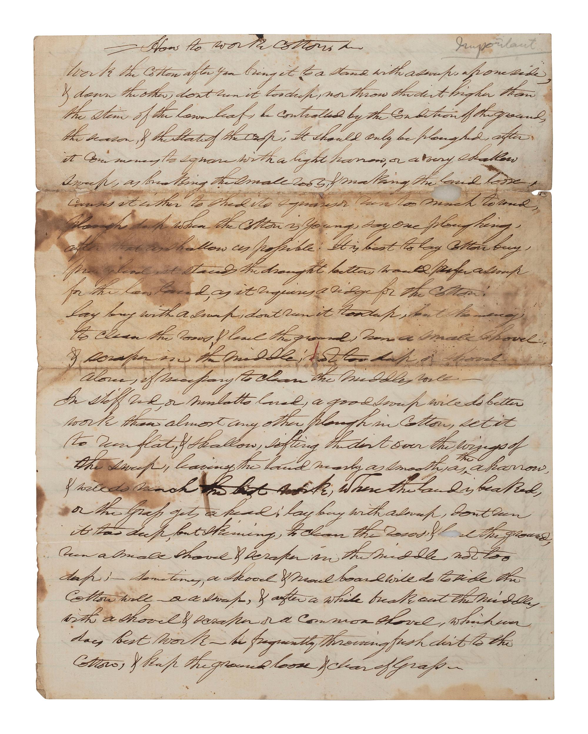 [SLAVERY & ABOLITION]. How to Work Cotton. Manuscript document. N.p., ca 1830s-1840s.