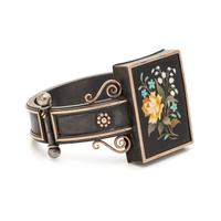 VICTORIAN, SILVER AND ROSE GOLD PIETRA DURA BANGLE BRACELET