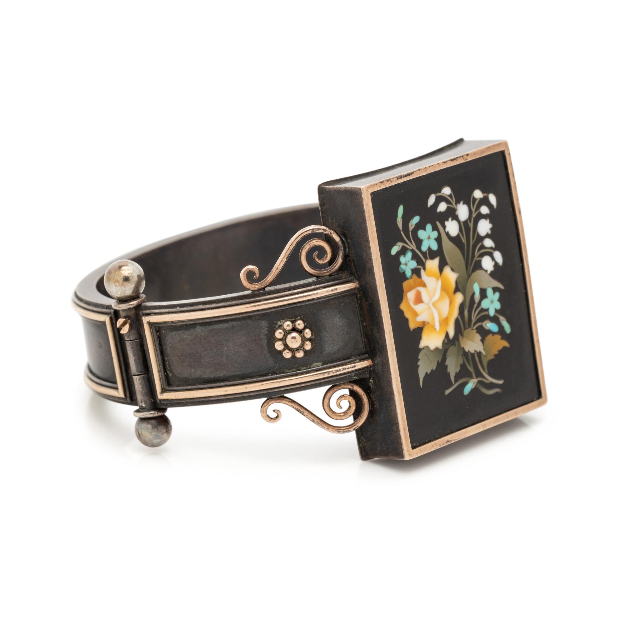 VICTORIAN, SILVER AND ROSE GOLD PIETRA DURA BANGLE BRACELET