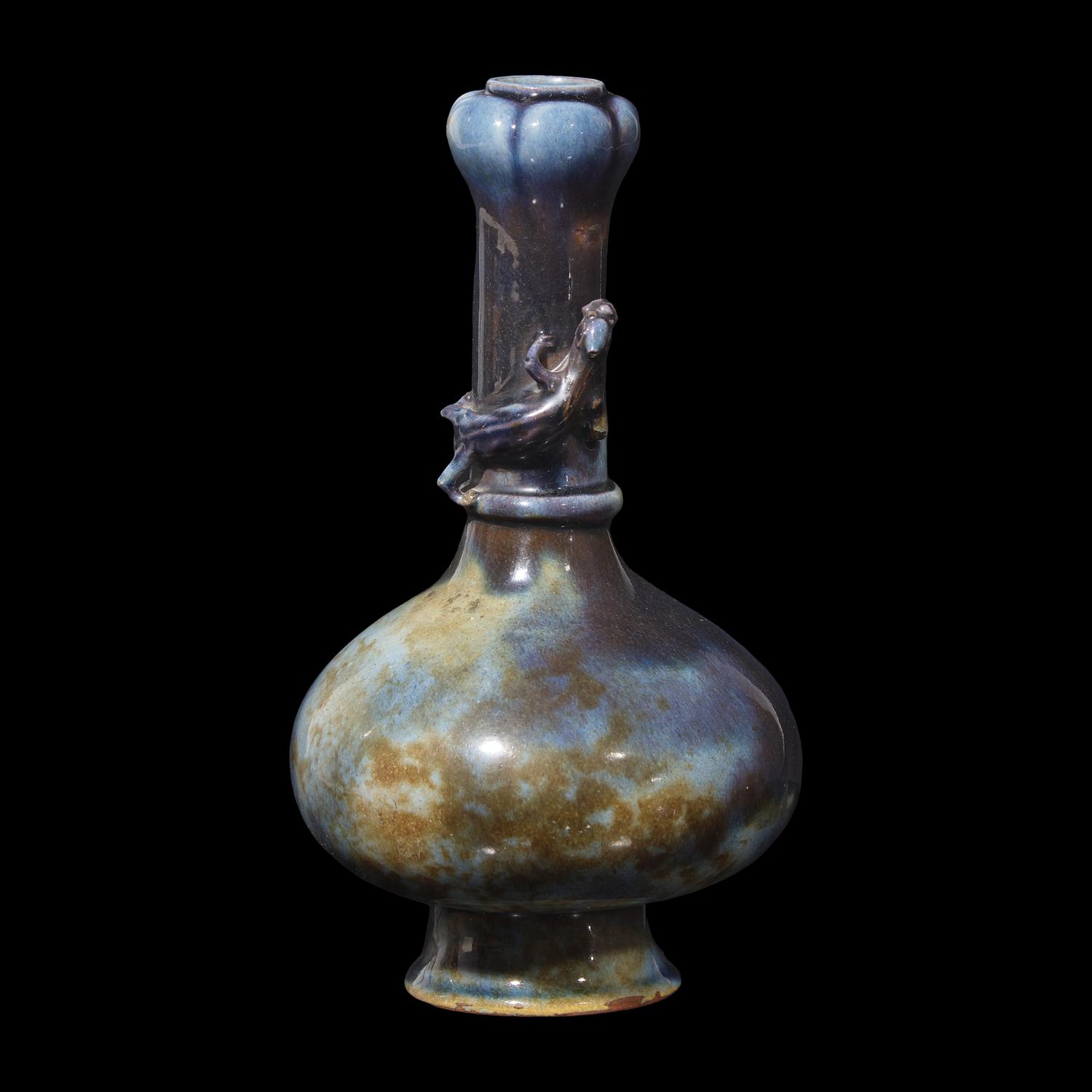 An Unusual Chinese Mottled Blue Glazed Archaistic Garlic Mouth Vase, Mid 18th Century or Later 清中期或以後 盤龍蒜頭瓶