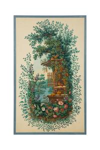 A Framed Painted Canvas Panel Depicting Birds in Garden