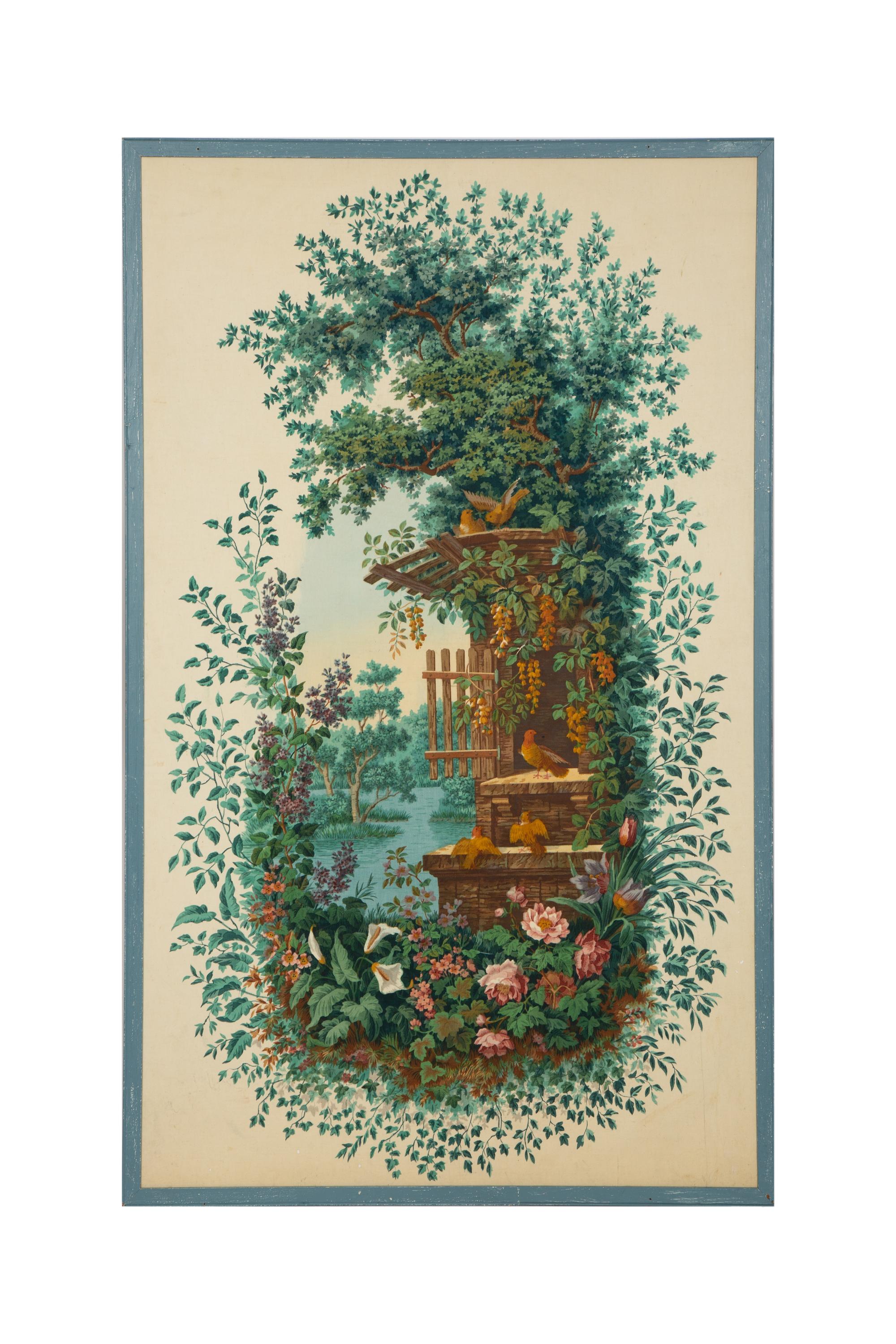 A Framed Painted Canvas Panel Depicting Birds in Garden