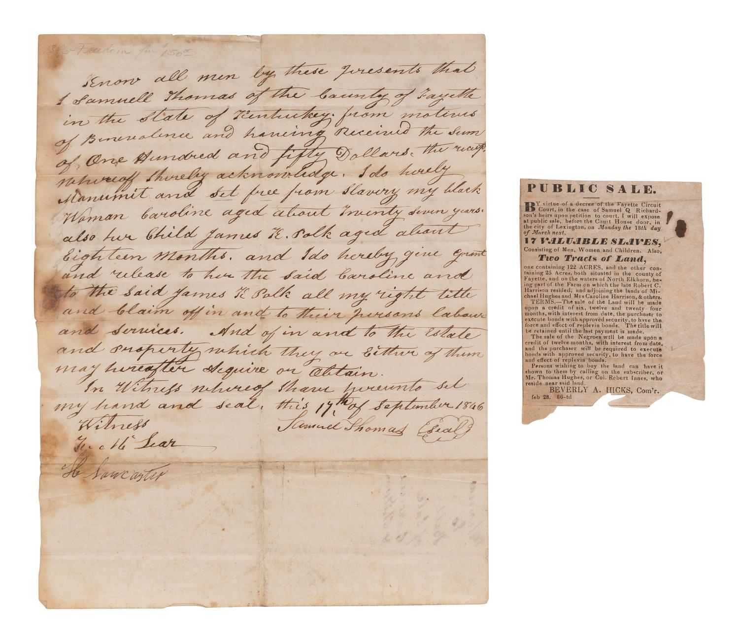 [ENSLAVEMENT]. Manuscript manumission of an enslaved woman and child. Fayette Co., KY, 17 Sep 1846.
