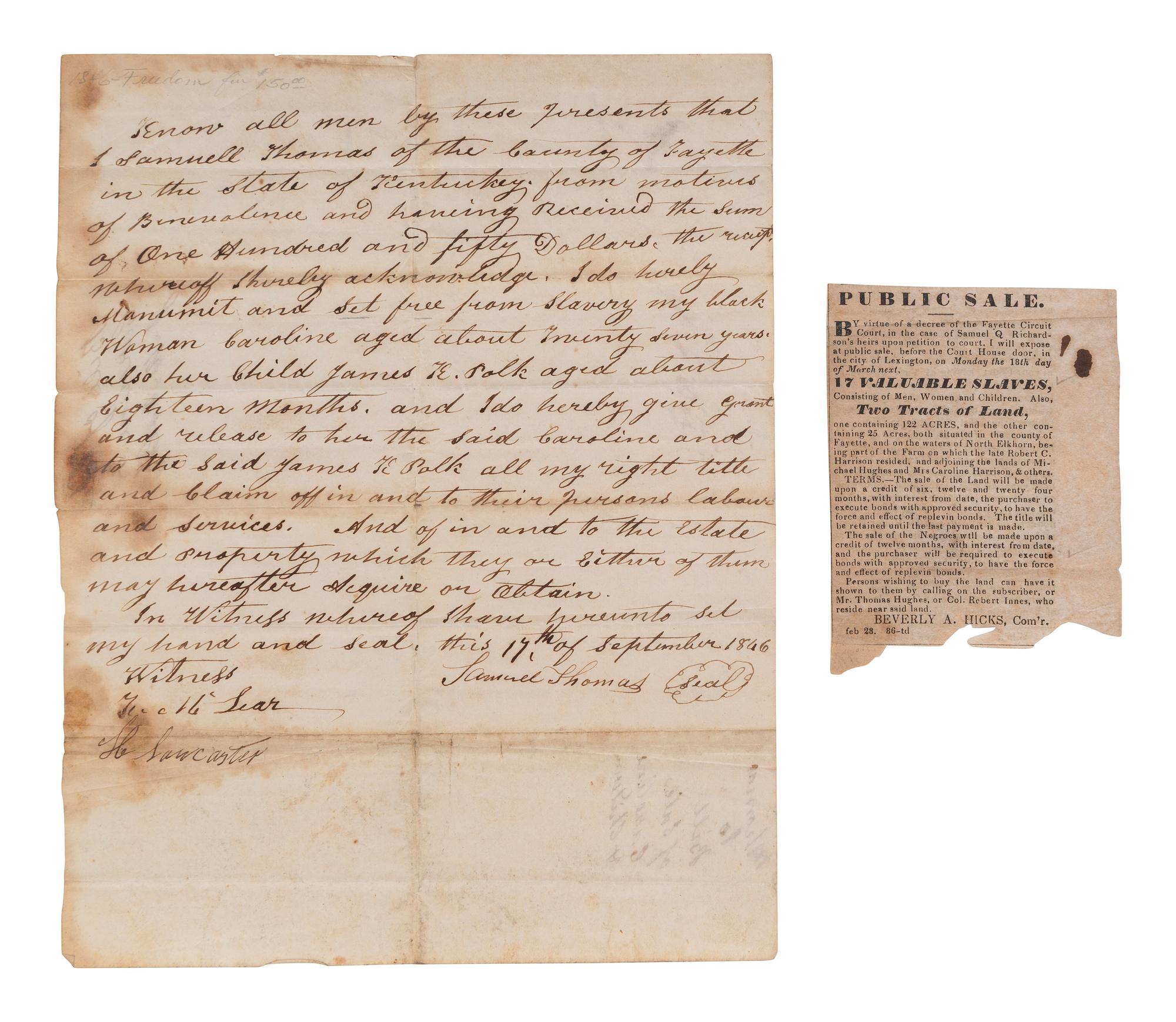 [ENSLAVEMENT]. Manuscript manumission of an enslaved woman and child. Fayette Co., KY, 17 Sep 1846.