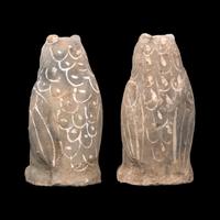 A Pair of Chinese Painted Grey Pottery Owl-Form Vessels, Western Han Dynasty 西漢 彩繪陶鴞尊一對
