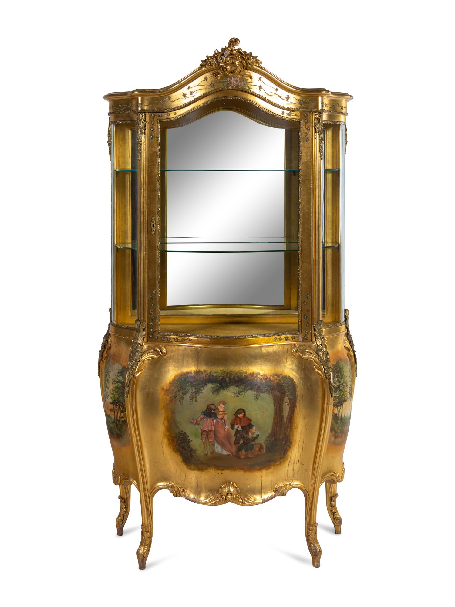 A Louis XV Style Gilt Bronze Mounted Giltwood Vitrine Cabinet