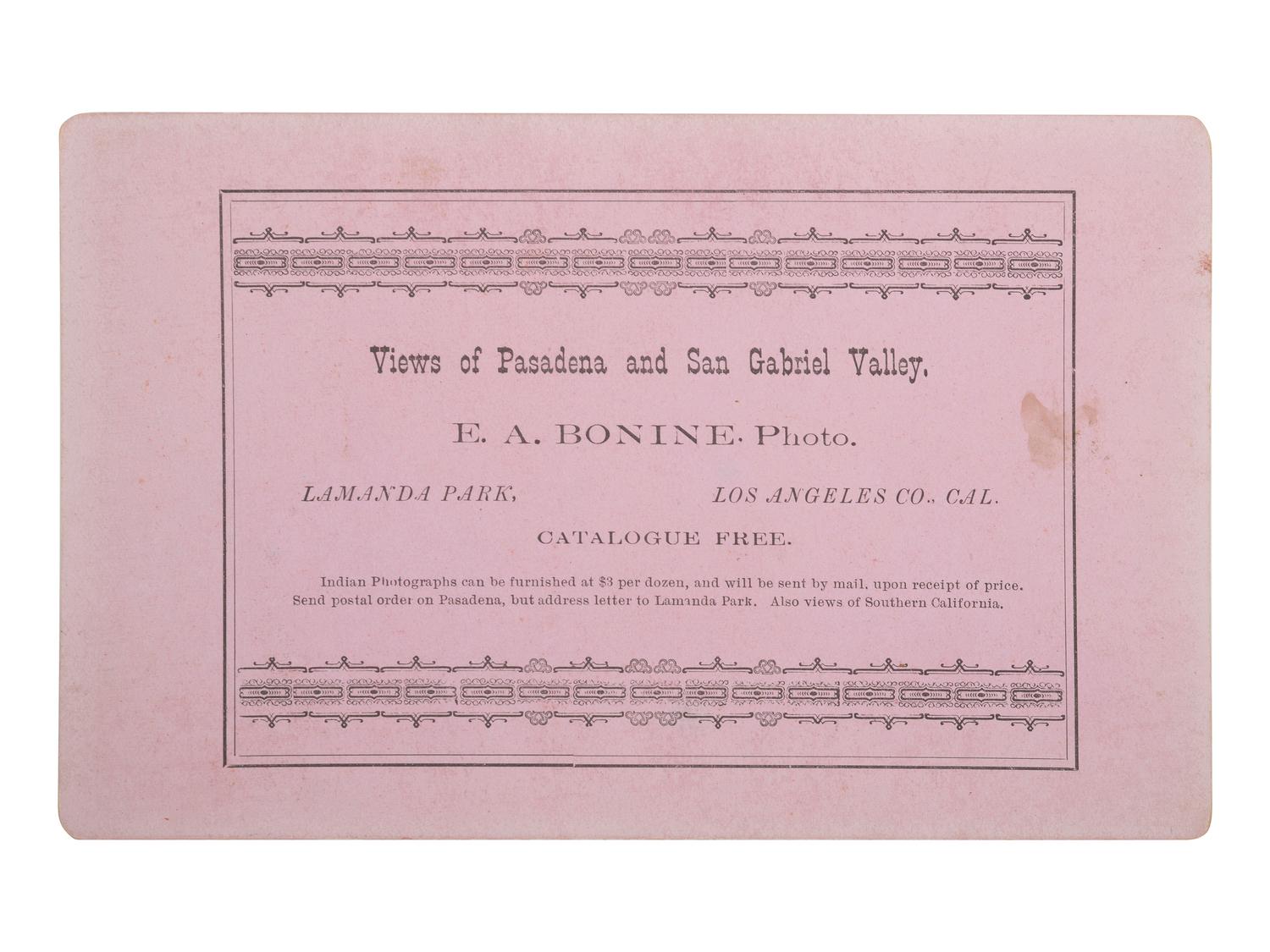 [NATIVE AMERICANS]. BONINE, E.A. (1843-1916), photographer. A group of 5 boudoir photographs of Yuma Indians. Yuma, Arizona and Los Angeles, California: [1880s].