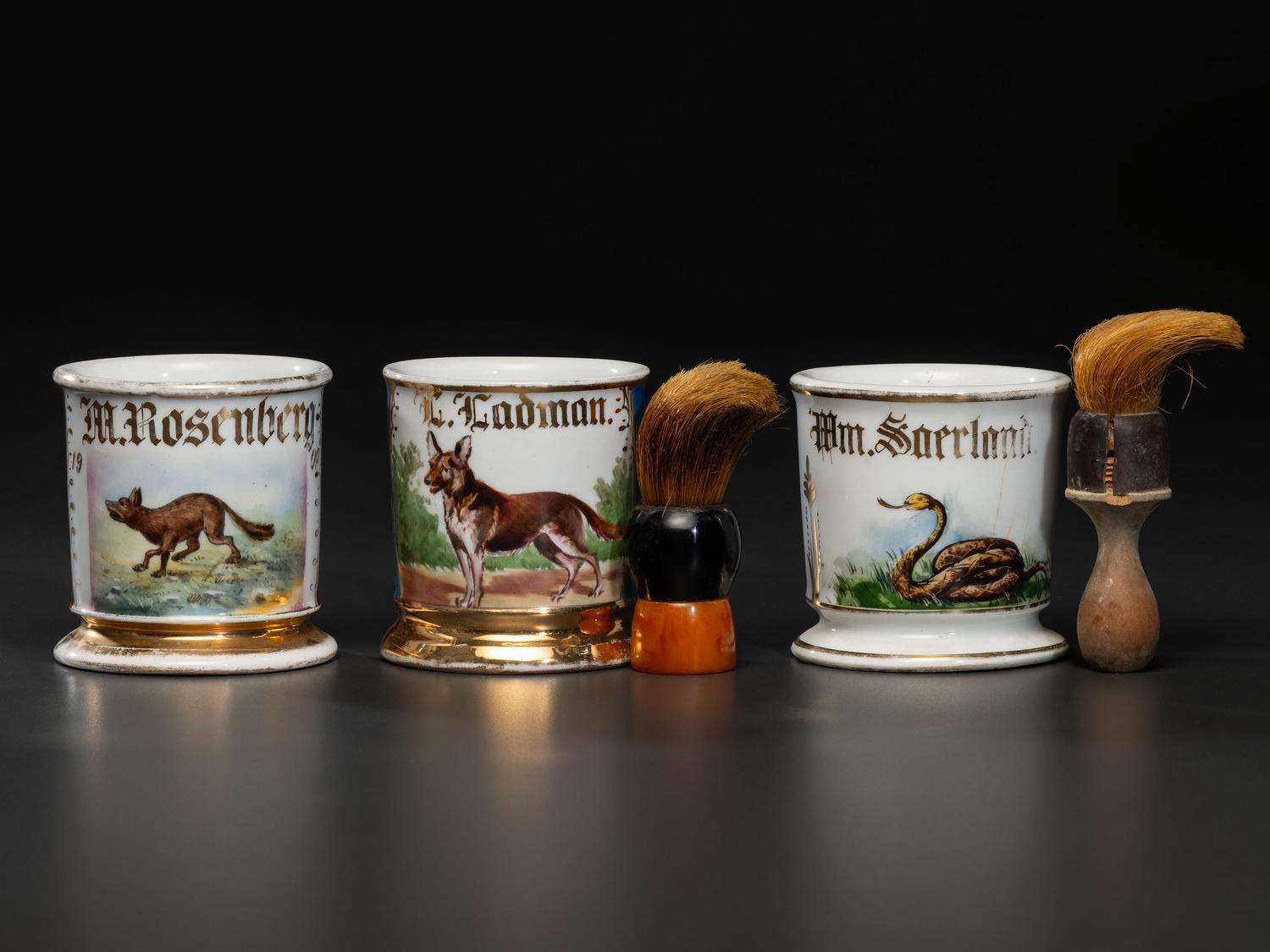 Three Porcelain Shaving Mugs with Animals