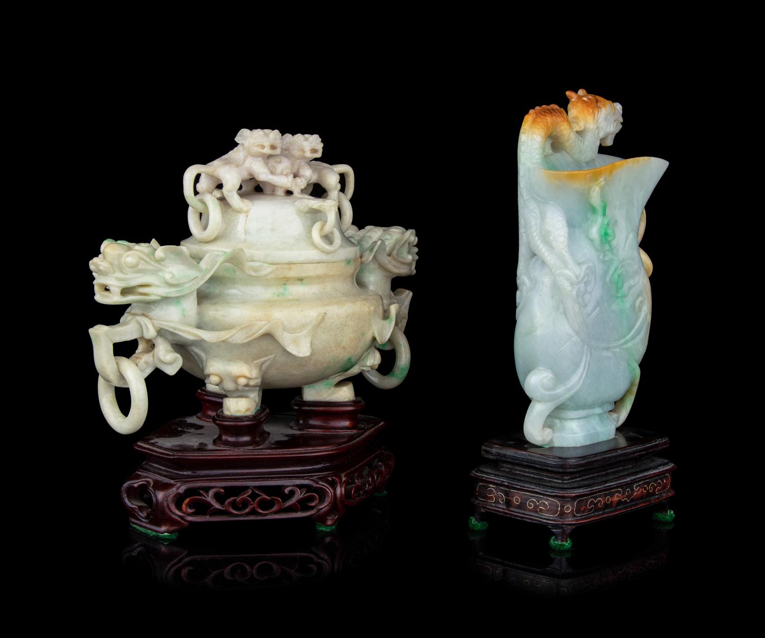Two Carved Jadeite Covered Vessels