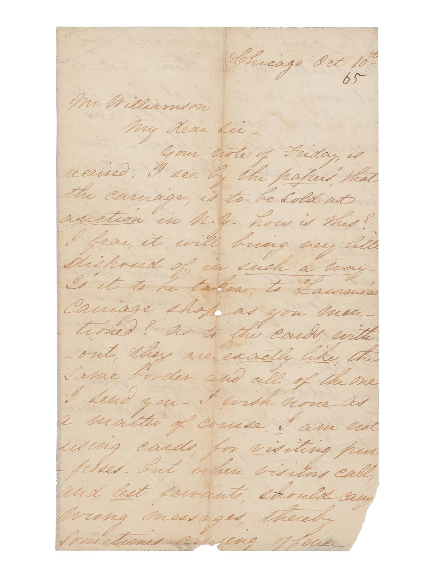 LINCOLN, Mary Todd (1818-1882). Autograph letter signed ("M.L.") to Alexander Williamson, Chicago, 10 October 1865.