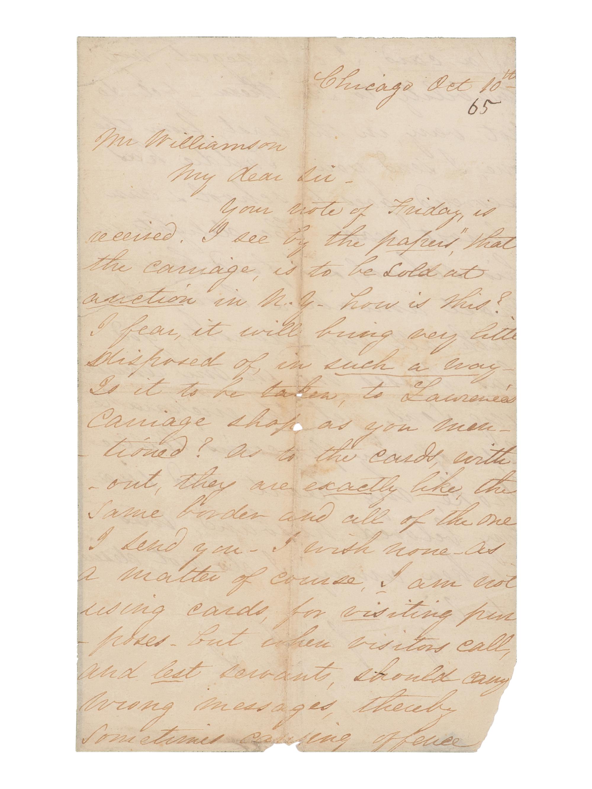 LINCOLN, Mary Todd (1818-1882). Autograph letter signed ("M.L.") to Alexander Williamson, Chicago, 10 October 1865.