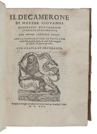 BOCCACCIO, Giovanni (1313-1375). Il Decamerone novissimamente alla sua vera e sana lettione ridotto. Edited by Lodovico Dolce. Venice: Francesco Bindoni & Mapheo Pasini, March 1541.