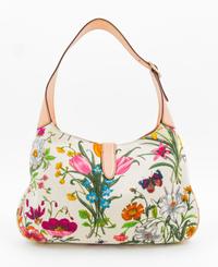 A Gucci Floral Canvas Handbag, 12" x 8" x 1.5"; Strap drop: 9".