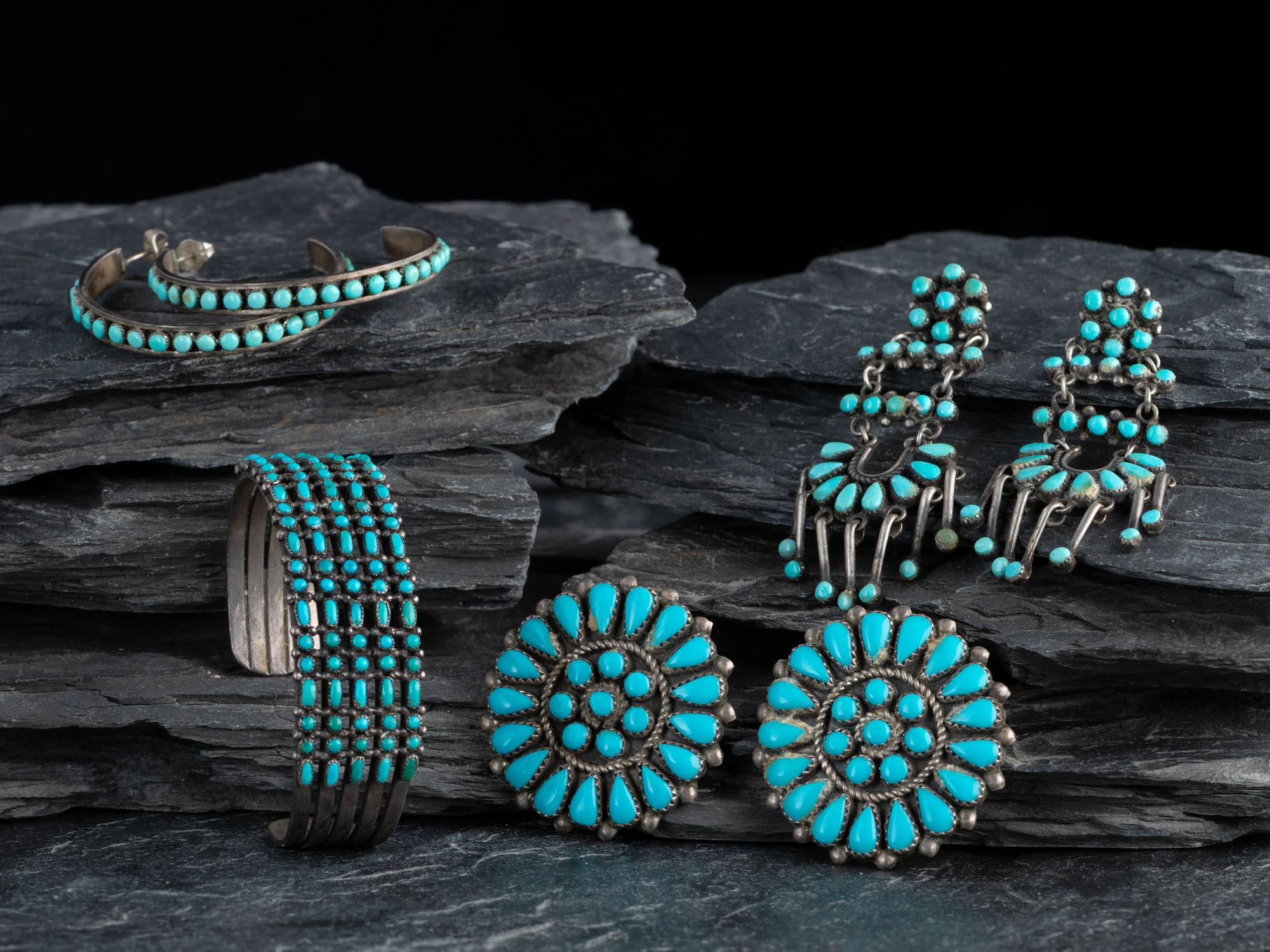 Zuni or Navajo Silver and Turquoise Cluster Jewelry