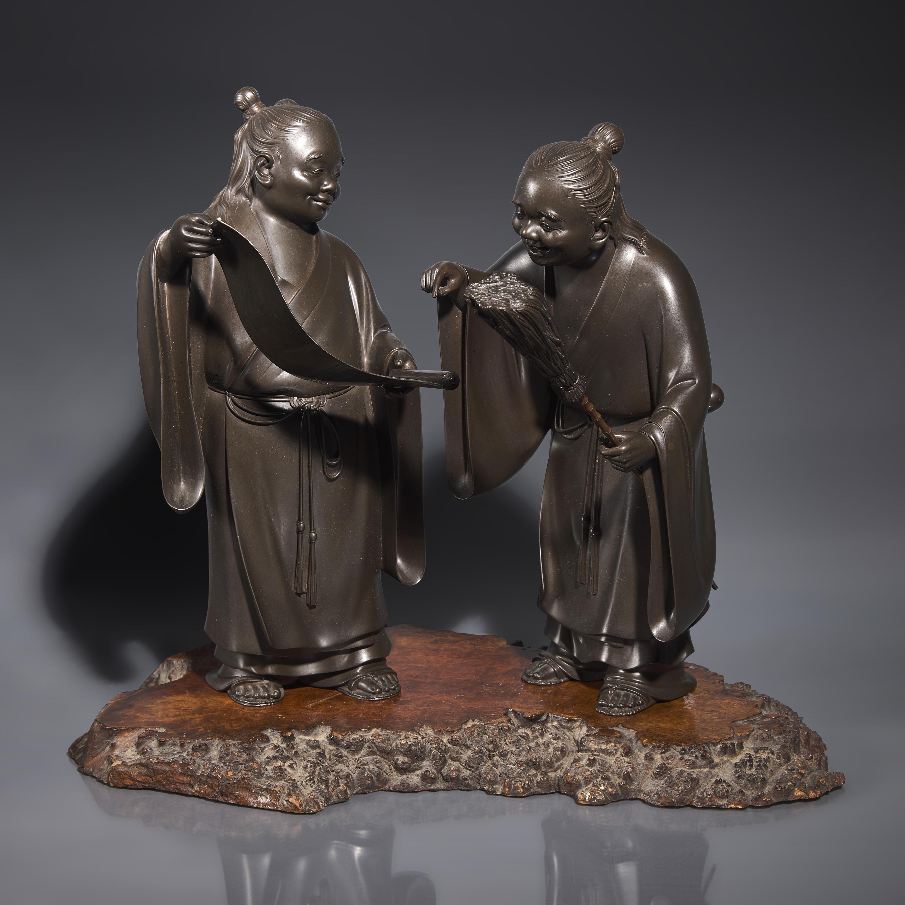 A Fine Pair of Japanese Patinated Bronze Figures of Kanzan and Jittoku, Yamashita Josetsu, Late Meiji-Taisho Period — 日本明治晚期-大正時代 正光軒如雪銅像一組