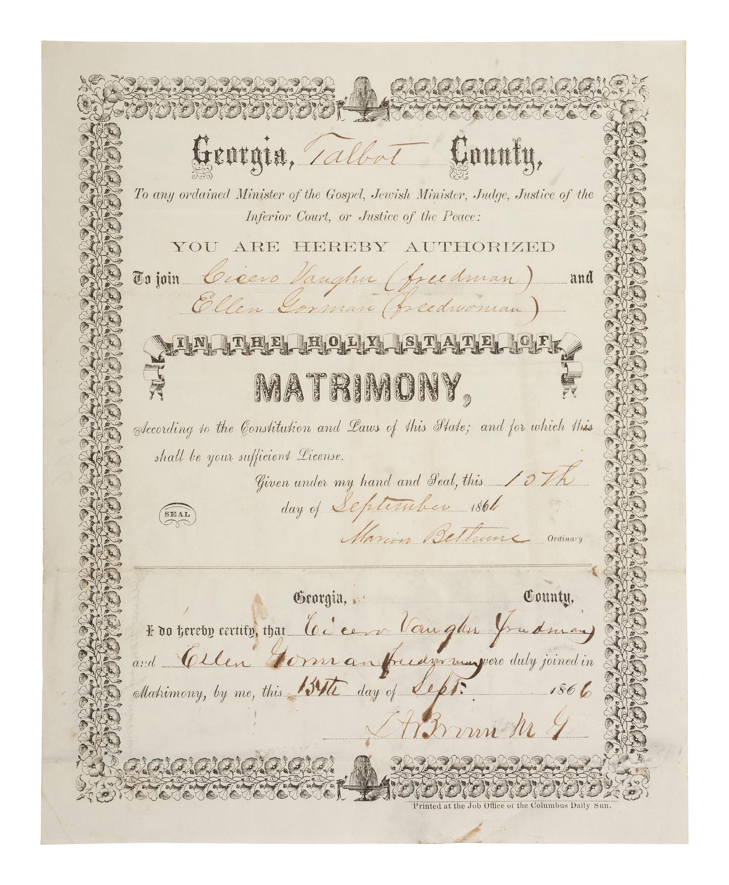 [ENSLAVEMENT & ABOLITION]. A marriage license and certificate for a freedman and freedwoman. Talbot County, GA, 1866.