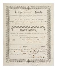 [ENSLAVEMENT & ABOLITION]. A marriage license and certificate for a freedman and freedwoman. Talbot County, GA, 1866.