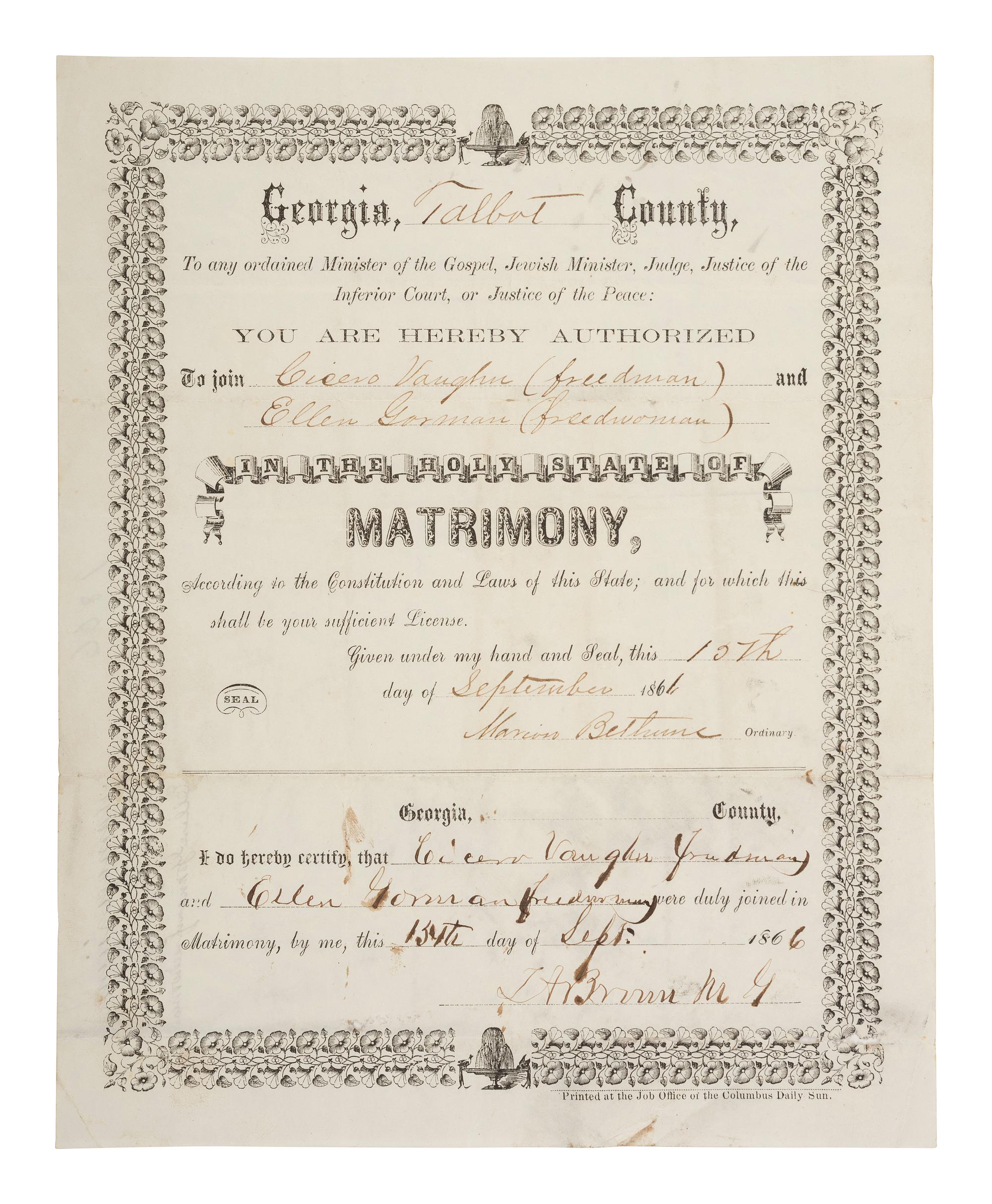[ENSLAVEMENT & ABOLITION]. A marriage license and certificate for a freedman and freedwoman. Talbot County, GA, 1866.