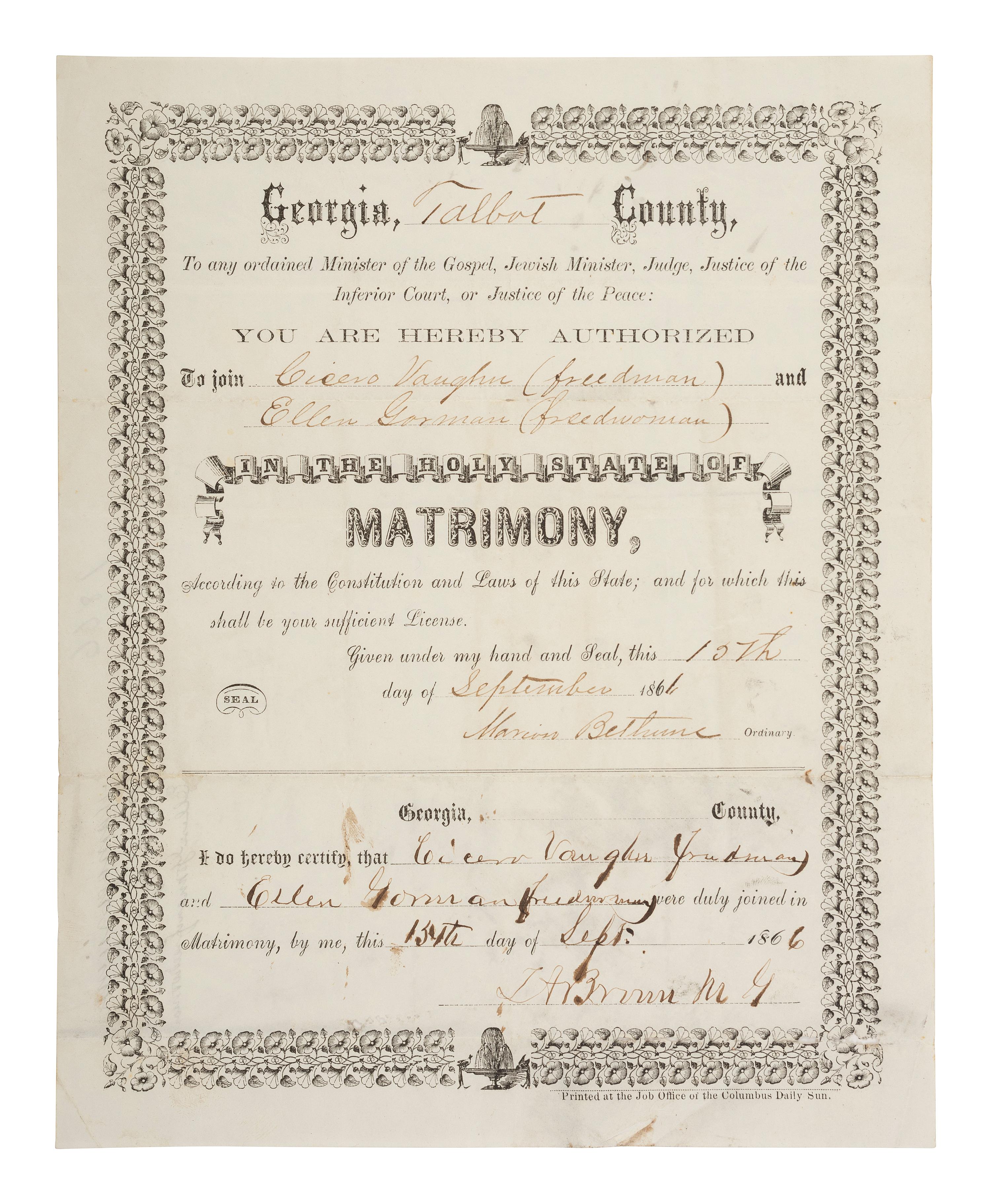 [ENSLAVEMENT & ABOLITION]. A marriage license and certificate for a freedman and freedwoman. Talbot County, GA, 1866.