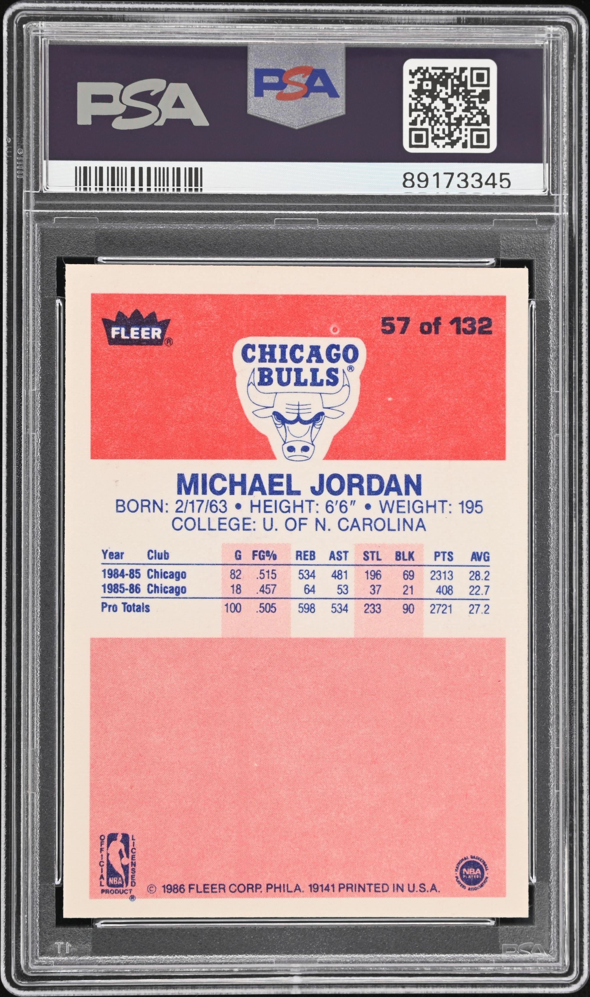 A 1986-87 Fleer Michael Jordan Rookie Basketball Card No. 57 (PSA 8 NM-MT)