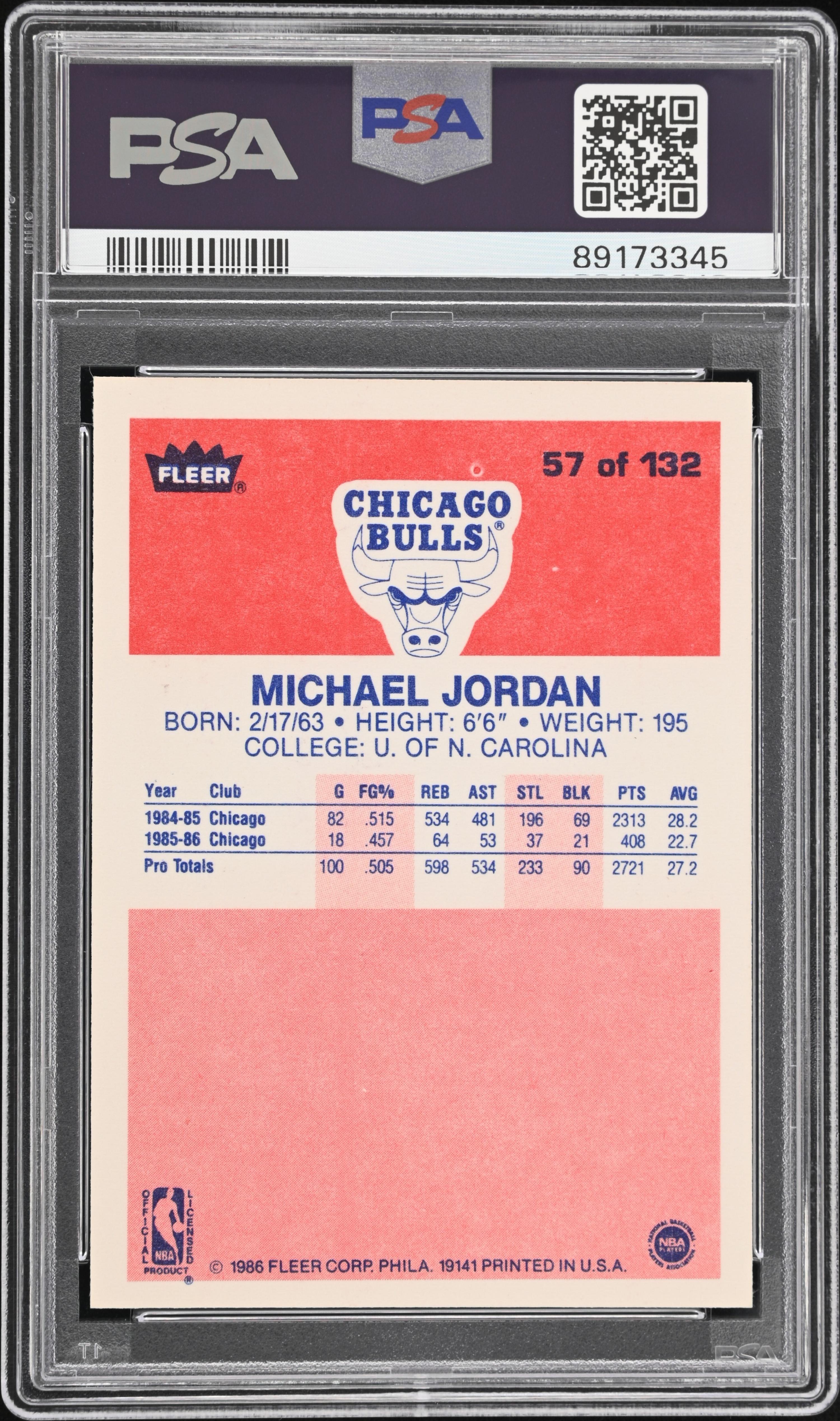 A 1986-87 Fleer Michael Jordan Rookie Basketball Card No. 57 (PSA 8 NM-MT)