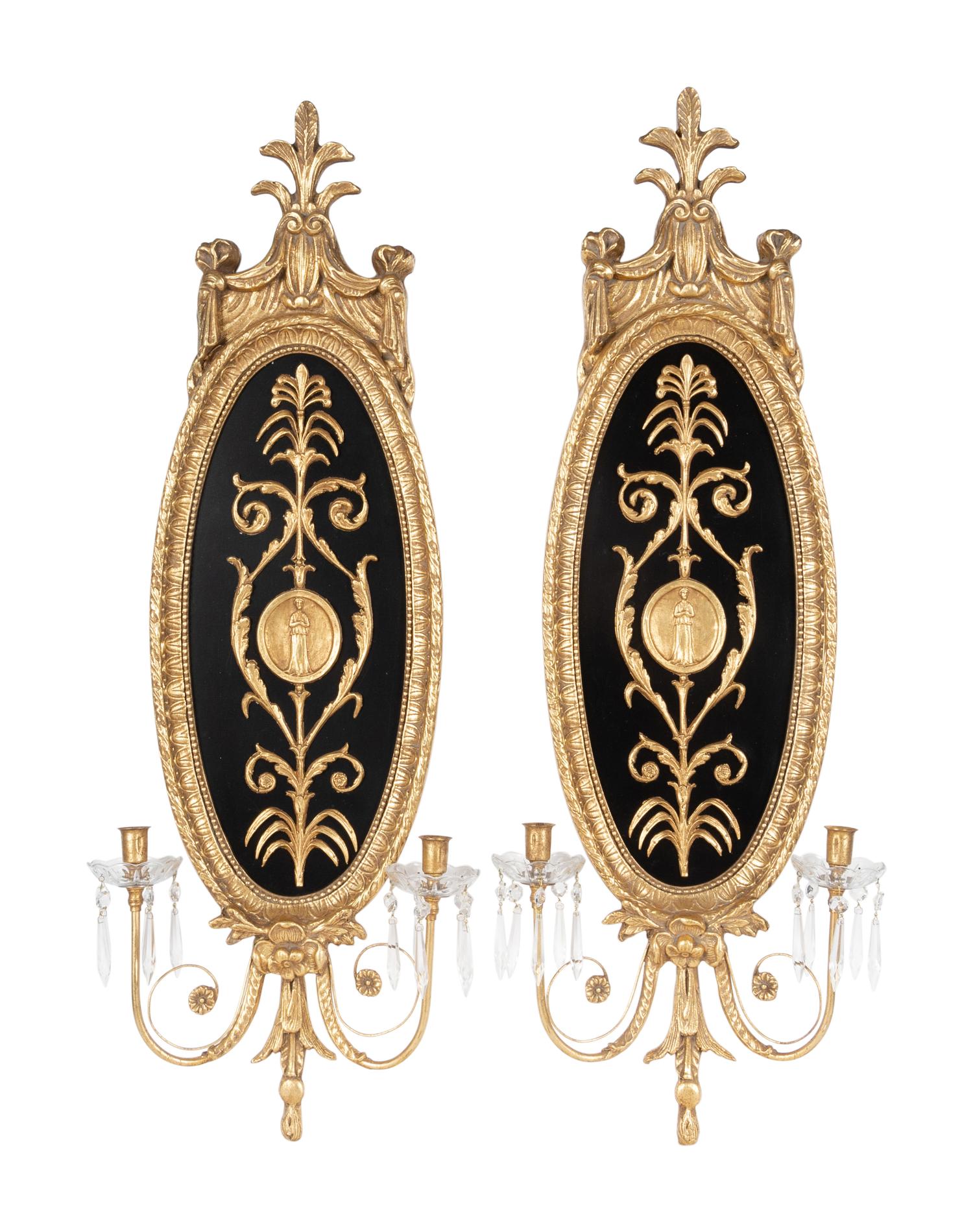 A Pair of Neoclassical Style Giltwood and Cut Glass Two-Light Sconces