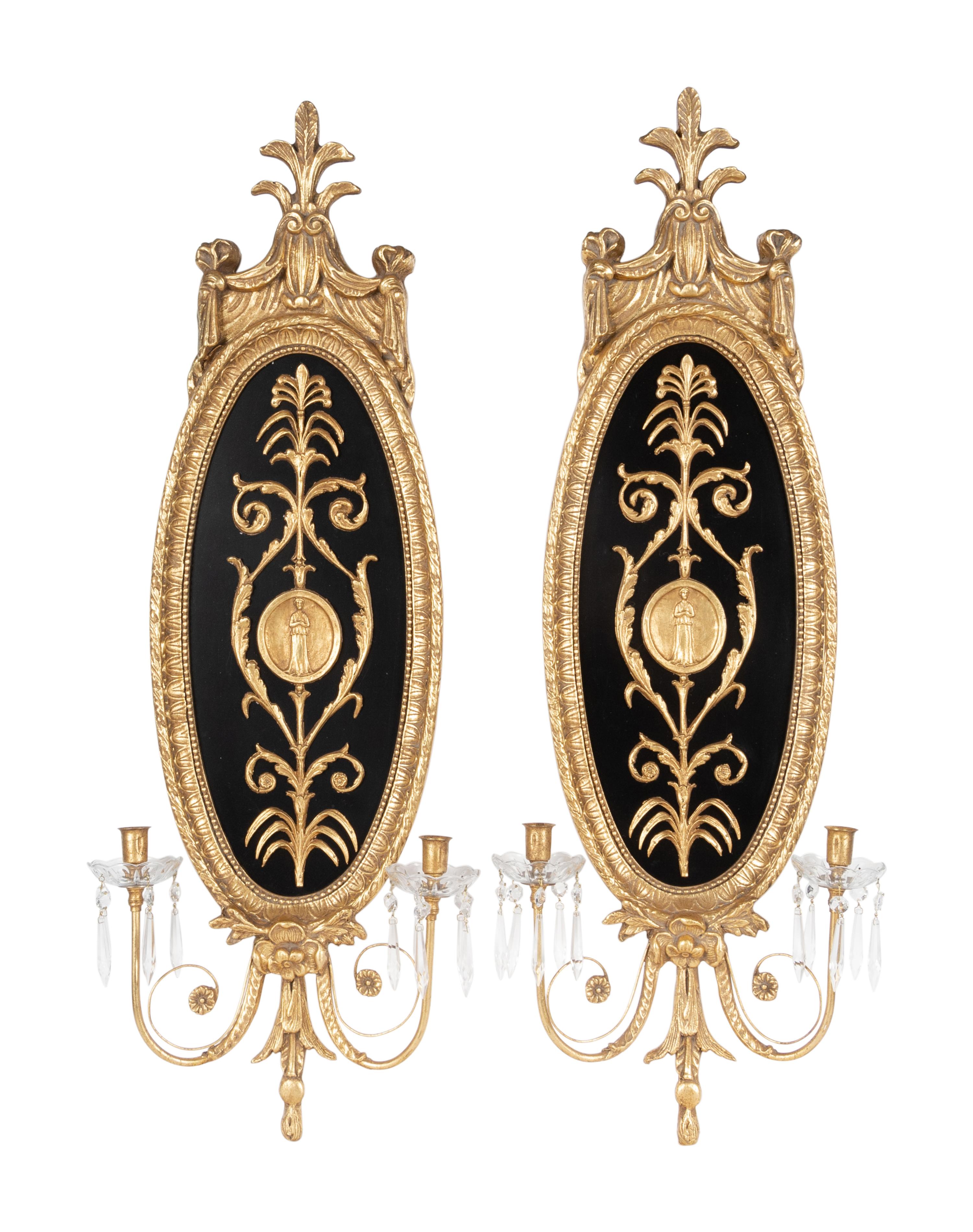 A Pair of Neoclassical Style Giltwood and Cut Glass Two-Light Sconces